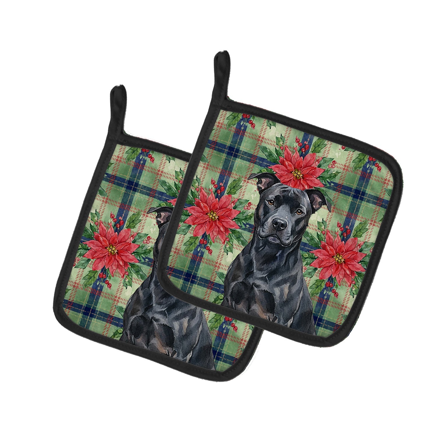 Black American Staffordshire Terrier Christmas PoinsettIas Pot Holder Set of 2 Heat Resistant Quilted Hot Pads 7.5 x 7.5 Inch, Insulated Kitchen Trivets for Cooking & Baking