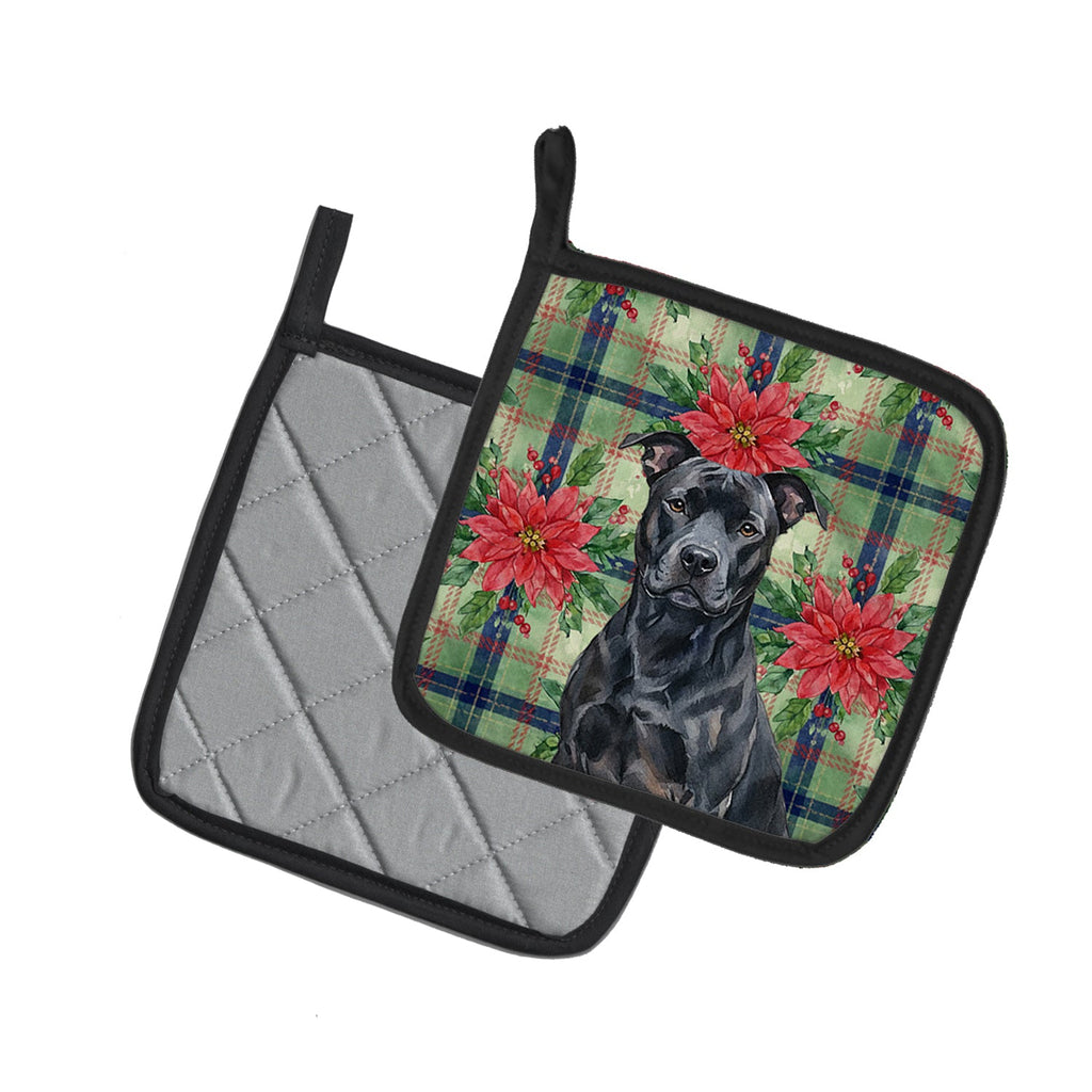 Black American Staffordshire Terrier Christmas PoinsettIas Pot Holder Set of 2 Heat Resistant Quilted Hot Pads 7.5 x 7.5 Inch, Insulated Kitchen Trivets for Cooking & Baking