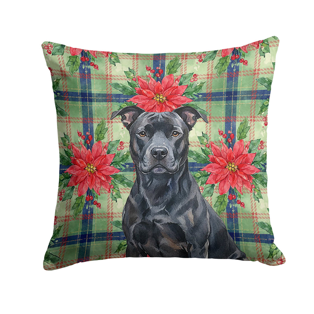 Black American Staffordshire Terrier Christmas PoinsettIas Decorative Throw Pillow 14x14 Indoor Outdoor Accent Cushion, Fabric Cover with Insert for Sofa, Bed, Porch & Living Room