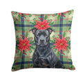 Black American Staffordshire Terrier Christmas PoinsettIas Decorative Throw Pillow 18x18 Indoor Outdoor Accent Cushion, Fabric Cover with Insert for Sofa, Bed, Porch & Living Room