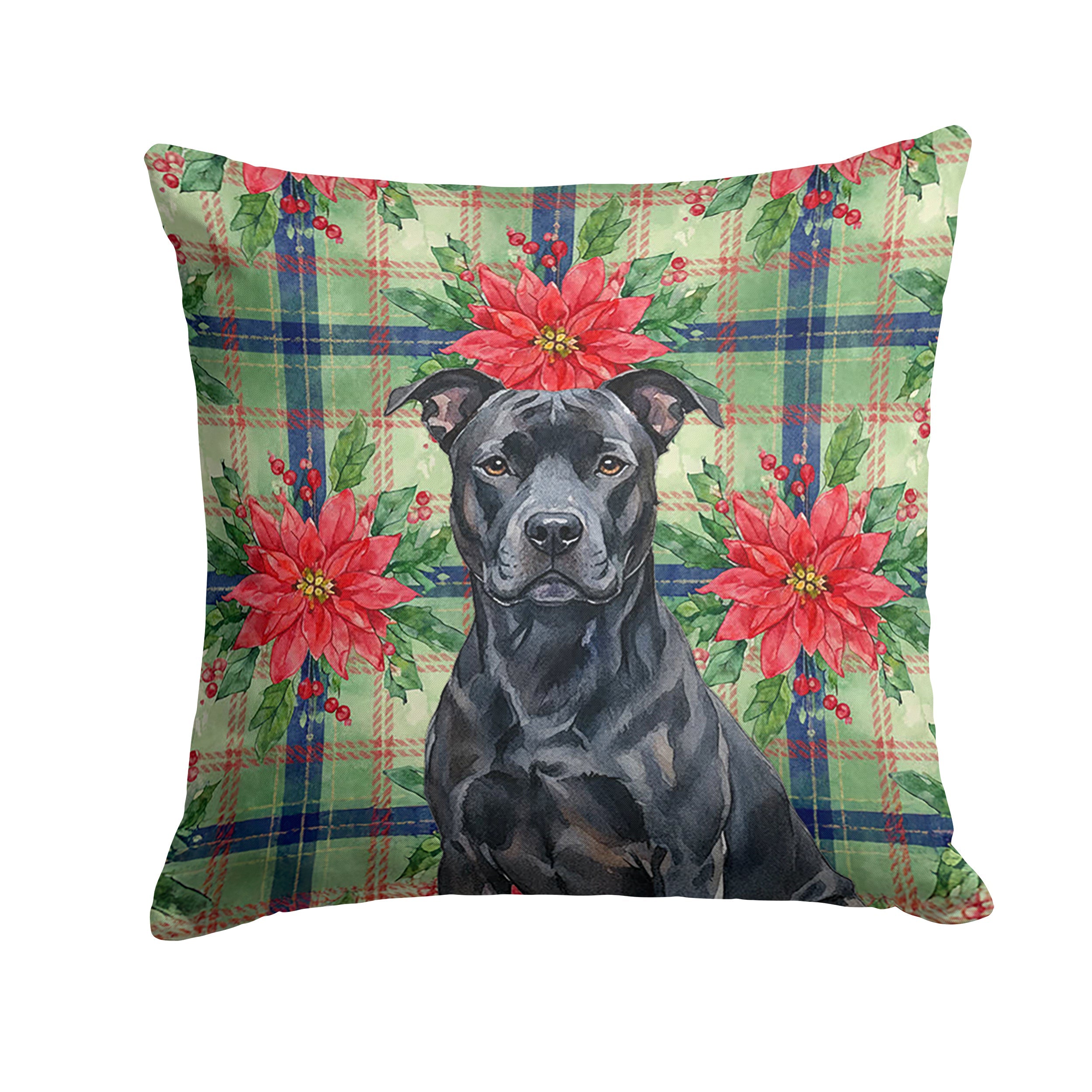 Black American Staffordshire Terrier Christmas PoinsettIas Decorative Throw Pillow 18x18 Indoor Outdoor Accent Cushion, Fabric Cover with Insert for Sofa, Bed, Porch & Living Room