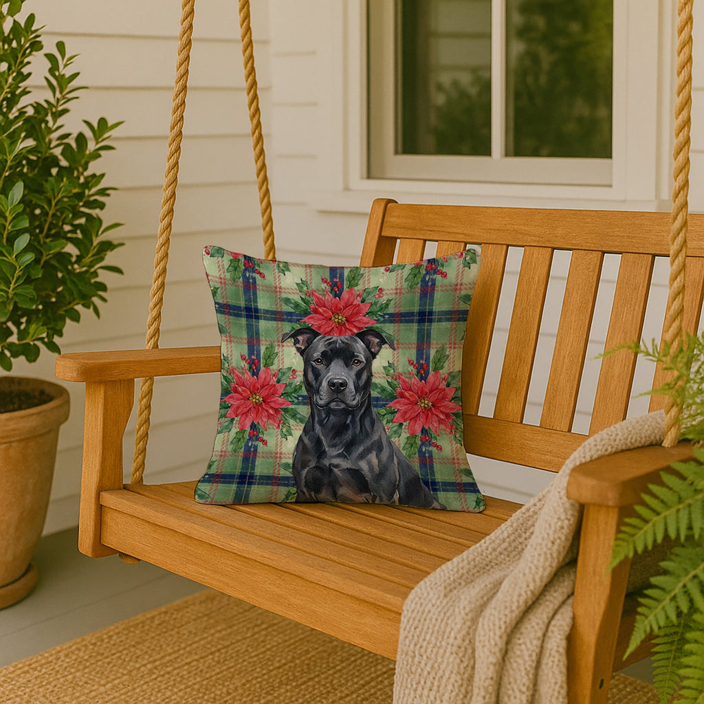 Black American Staffordshire Terrier Christmas PoinsettIas Decorative Throw Pillow 18x18 Indoor Outdoor Accent Cushion, Fabric Cover with Insert for Sofa, Bed, Porch & Living Room