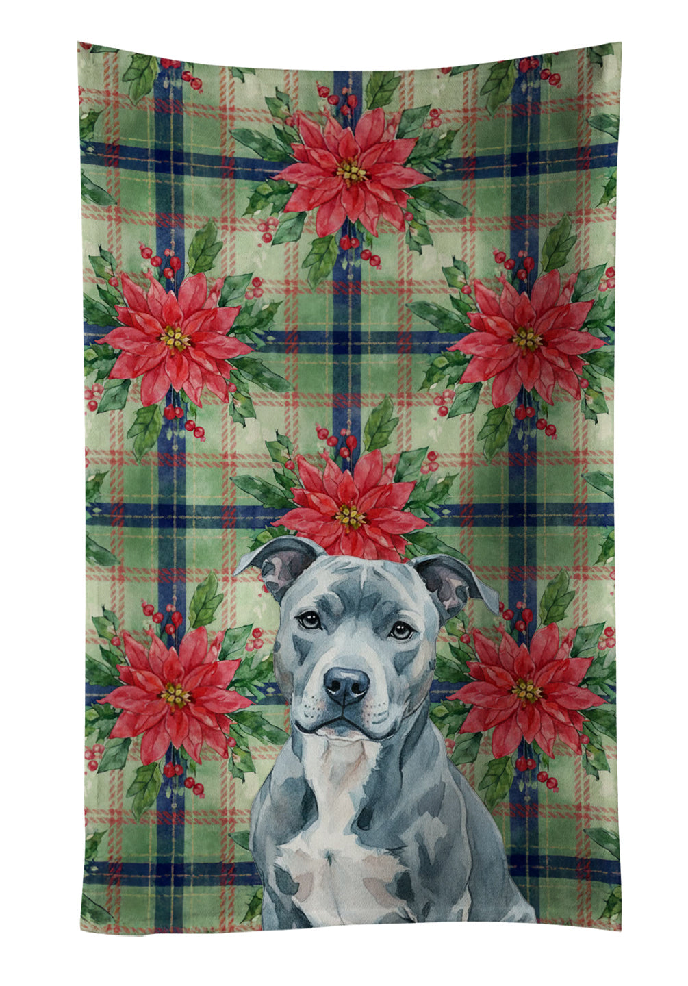 Blue American Staffordshire Terrier Christmas PoinsettIas Kitchen Towel Velour Plush Front and Cotton Loop Back Machine Washable