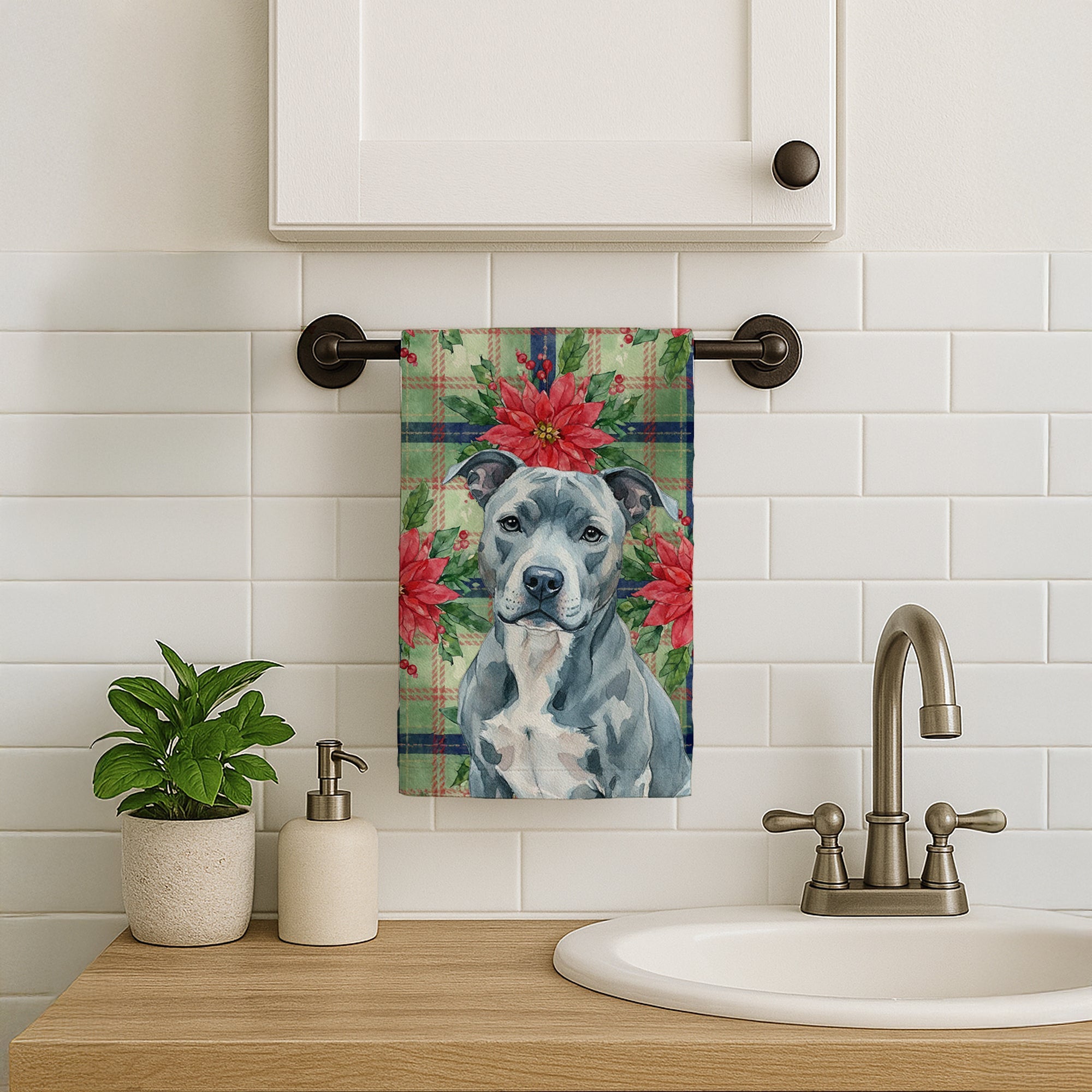 Blue American Staffordshire Terrier Christmas PoinsettIas Kitchen Towel Velour Plush Front and Cotton Loop Back Machine Washable