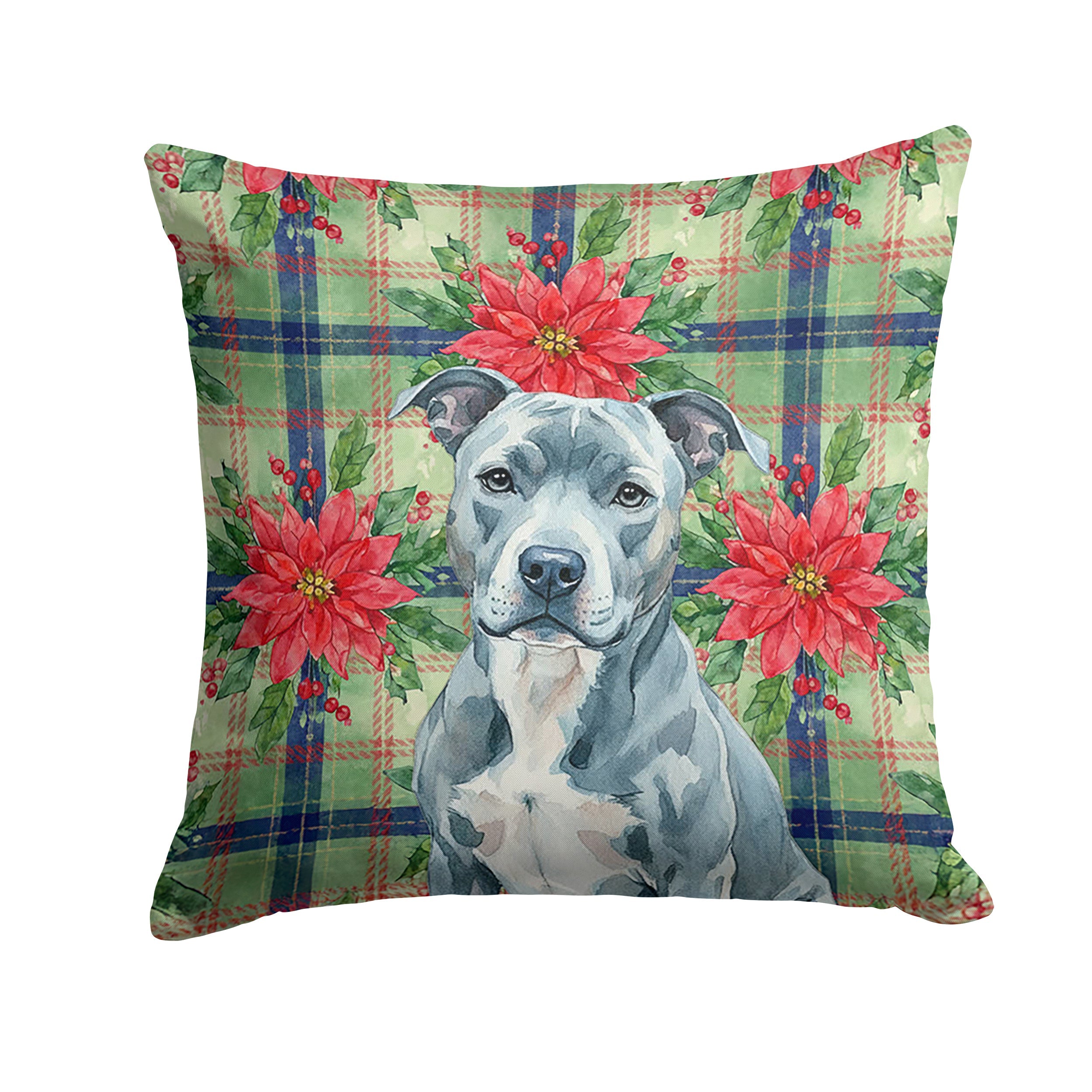 Blue American Staffordshire Terrier Christmas PoinsettIas Decorative Throw Pillow 14x14 Indoor Outdoor Accent Cushion, Fabric Cover with Insert for Sofa, Bed, Porch & Living Room