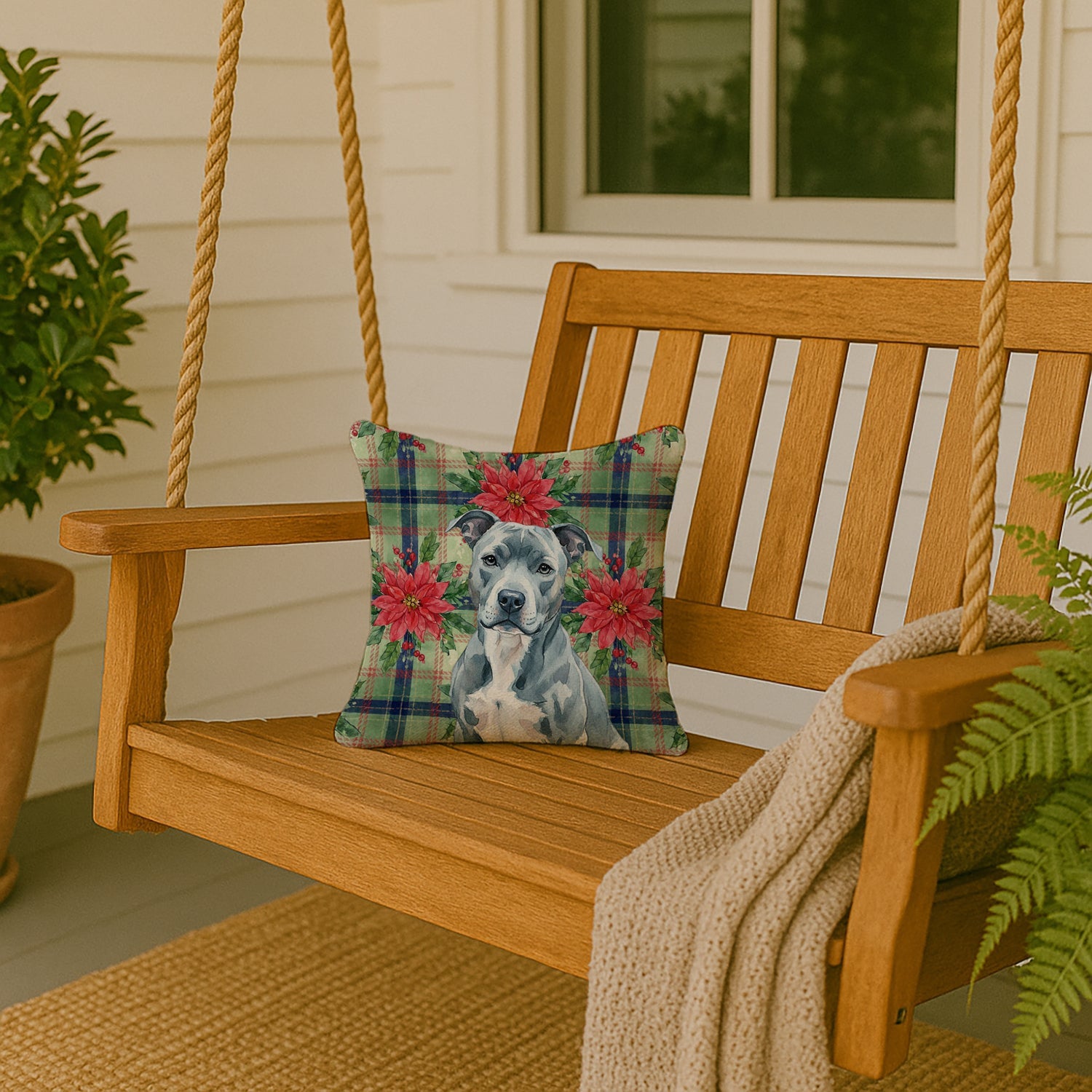 Blue American Staffordshire Terrier Christmas PoinsettIas Decorative Throw Pillow 14x14 Indoor Outdoor Accent Cushion, Fabric Cover with Insert for Sofa, Bed, Porch & Living Room