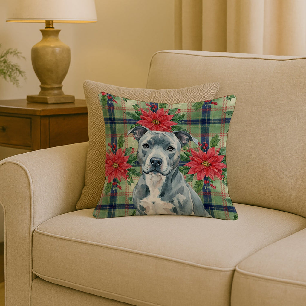 Blue American Staffordshire Terrier Christmas PoinsettIas Decorative Throw Pillow 18x18 Indoor Outdoor Accent Cushion, Fabric Cover with Insert for Sofa, Bed, Porch & Living Room