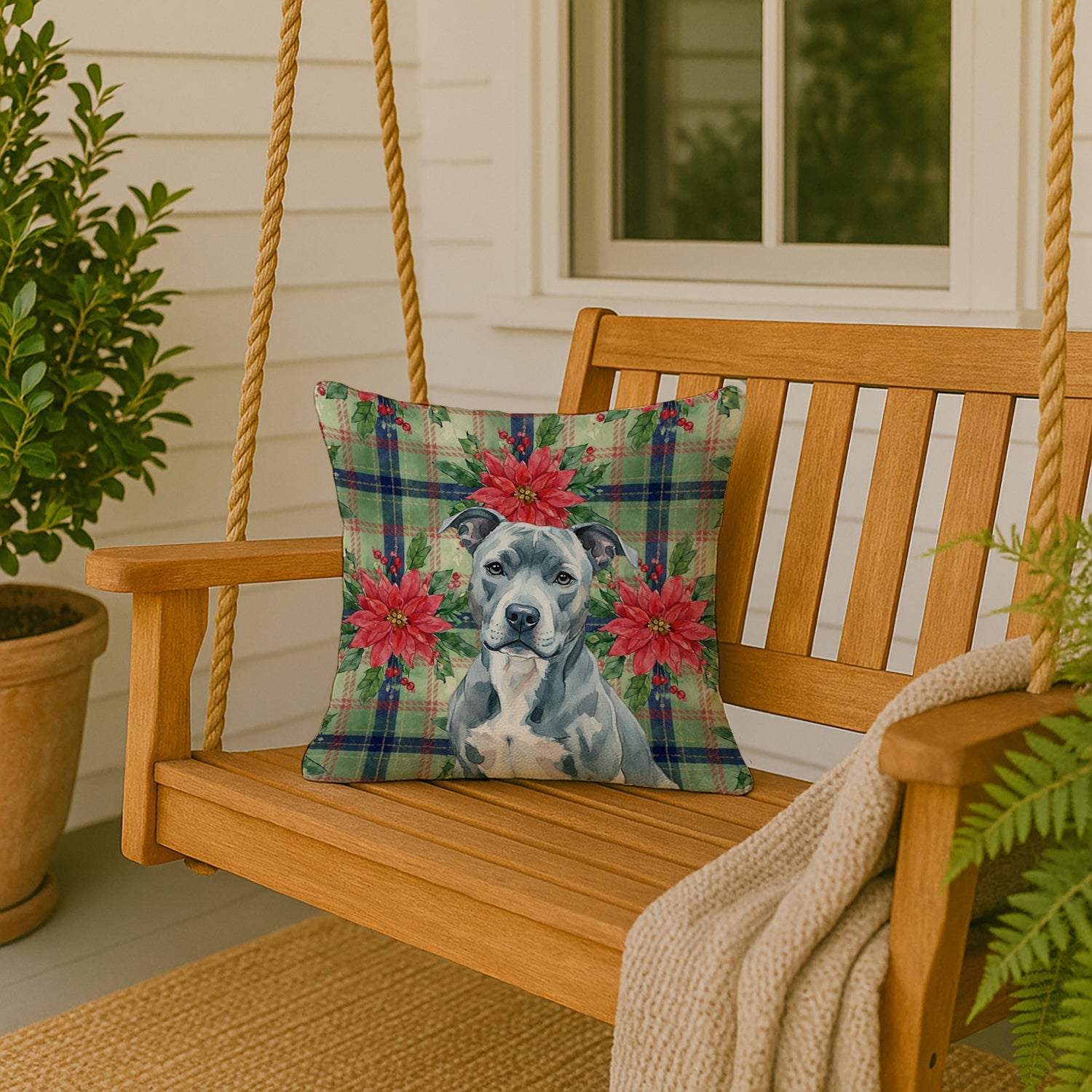 Blue American Staffordshire Terrier Christmas PoinsettIas Decorative Throw Pillow 18x18 Indoor Outdoor Accent Cushion, Fabric Cover with Insert for Sofa, Bed, Porch & Living Room