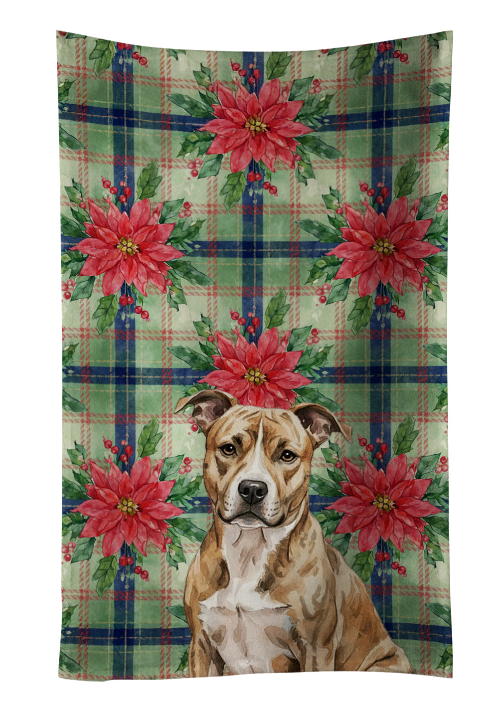 Brindle American Staffordshire Terrier Christmas PoinsettIas Kitchen Towel Velour Plush Front and Cotton Loop Back Machine Washable