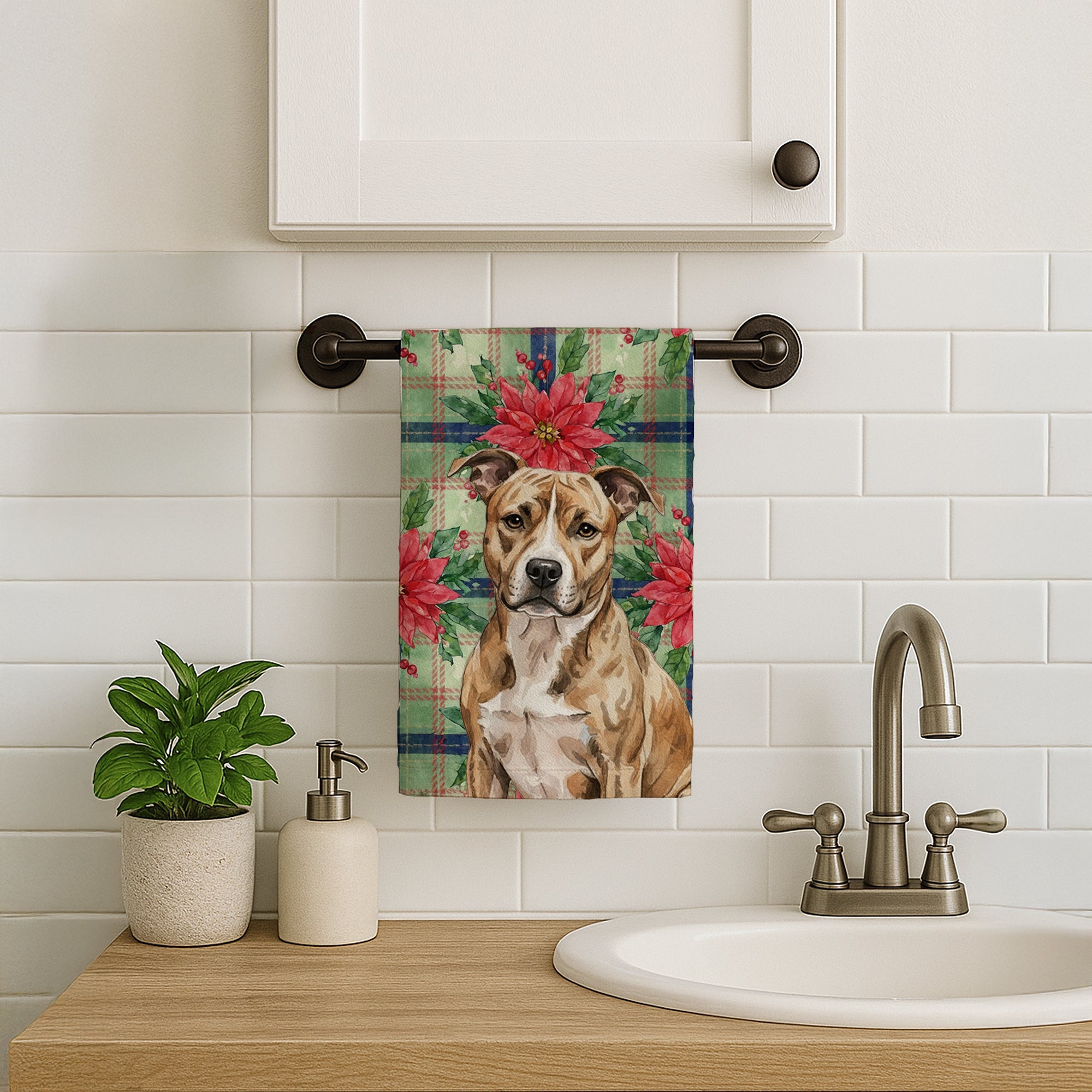 Brindle American Staffordshire Terrier Christmas PoinsettIas Kitchen Towel Velour Plush Front and Cotton Loop Back Machine Washable