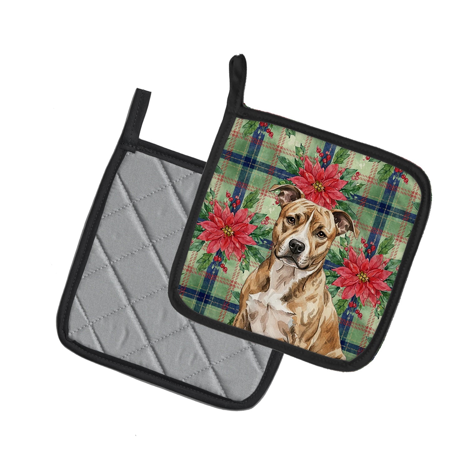 Brindle American Staffordshire Terrier Christmas PoinsettIas Pot Holder Set of 2 Heat Resistant Quilted Hot Pads 7.5 x 7.5 Inch, Insulated Kitchen Trivets for Cooking & Baking