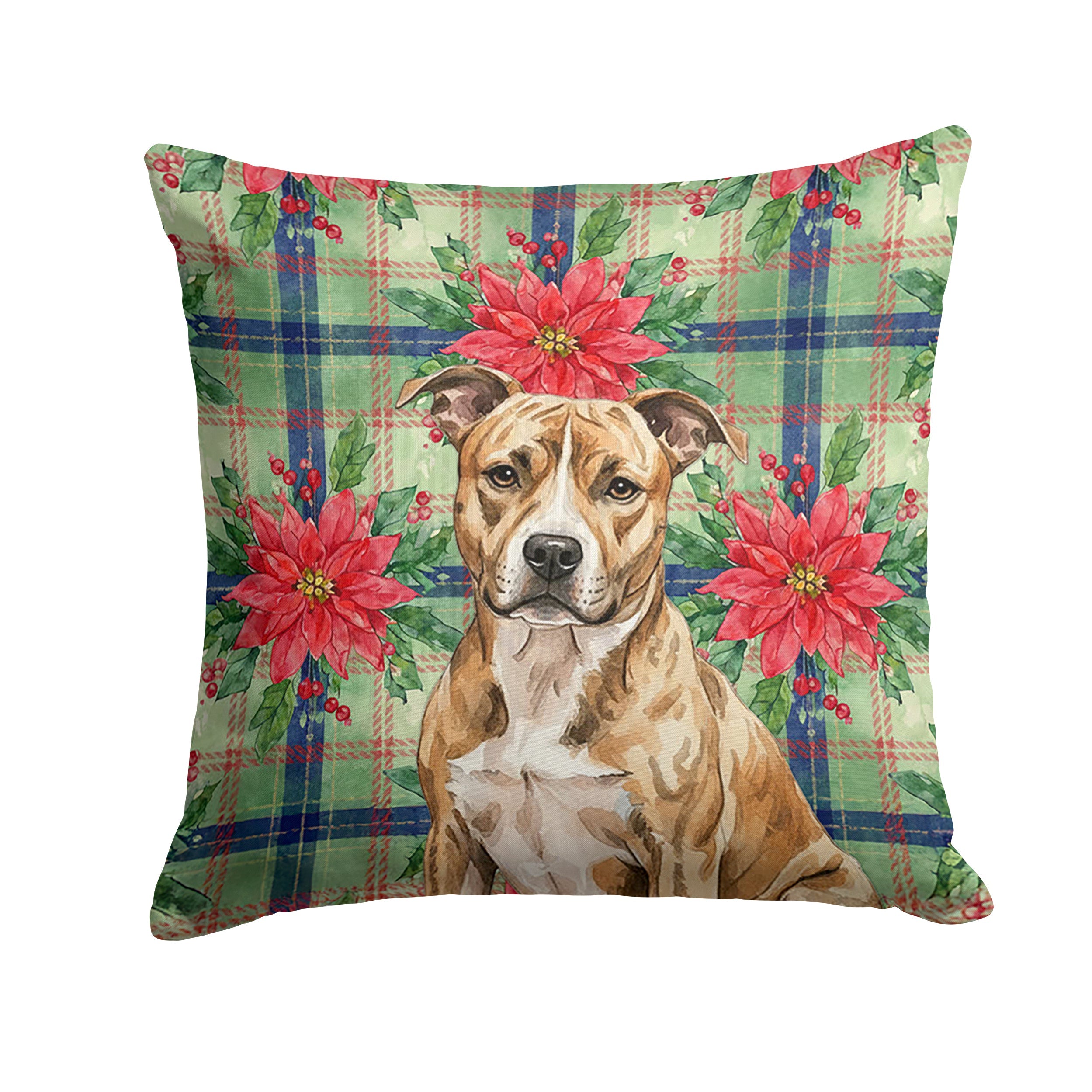 Brindle American Staffordshire Terrier Christmas PoinsettIas Decorative Throw Pillow 14x14 Indoor Outdoor Accent Cushion, Fabric Cover with Insert for Sofa, Bed, Porch & Living Room