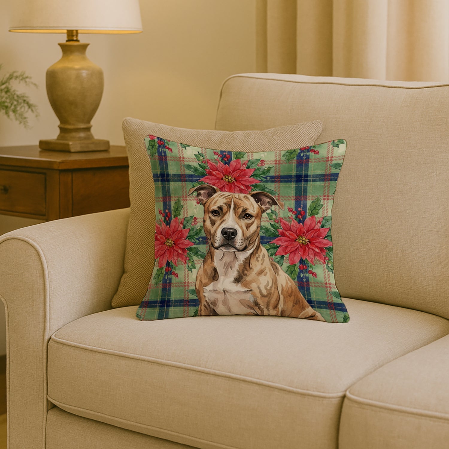 Brindle American Staffordshire Terrier Christmas PoinsettIas Decorative Throw Pillow 18x18 Indoor Outdoor Accent Cushion, Fabric Cover with Insert for Sofa, Bed, Porch & Living Room
