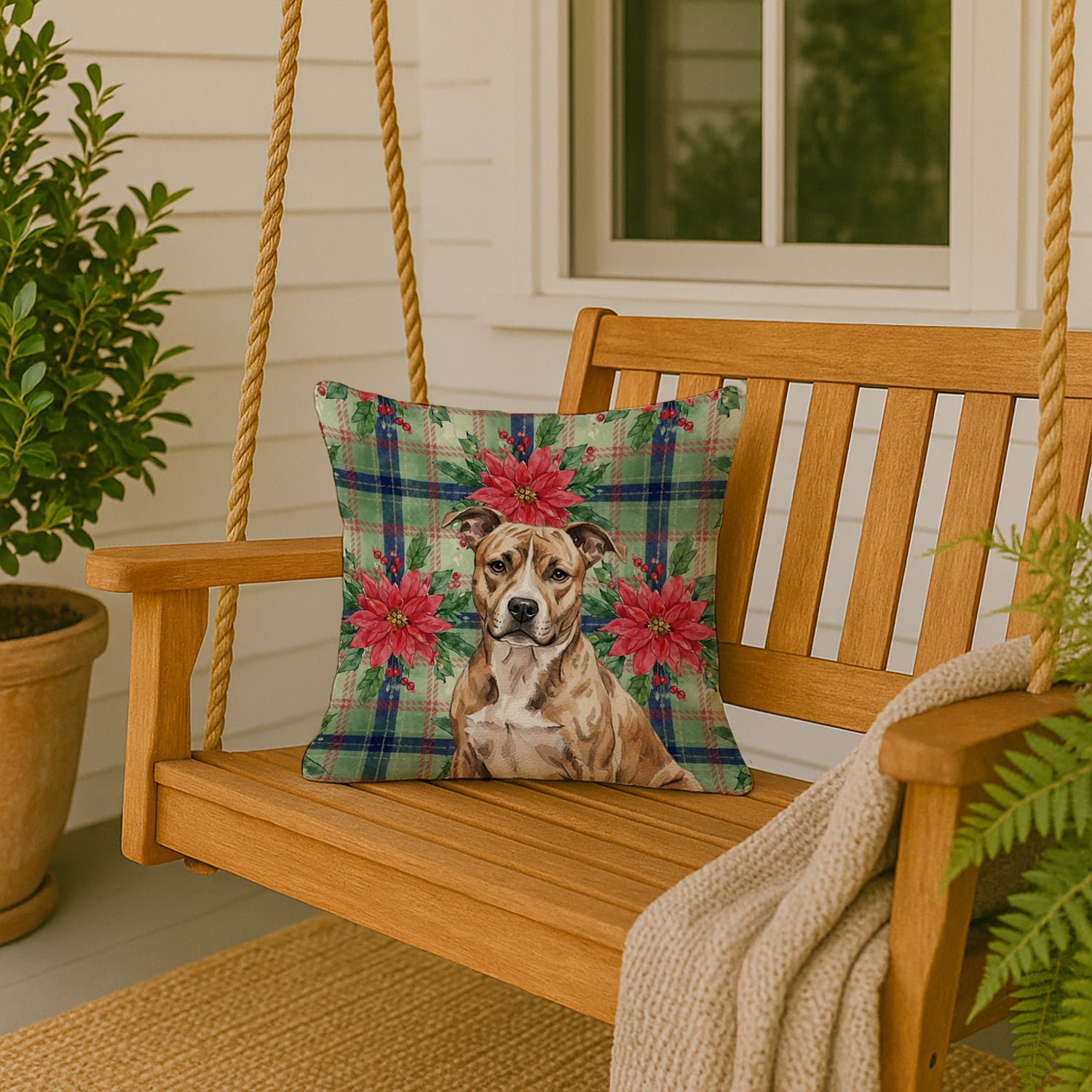 Brindle American Staffordshire Terrier Christmas PoinsettIas Decorative Throw Pillow 18x18 Indoor Outdoor Accent Cushion, Fabric Cover with Insert for Sofa, Bed, Porch & Living Room
