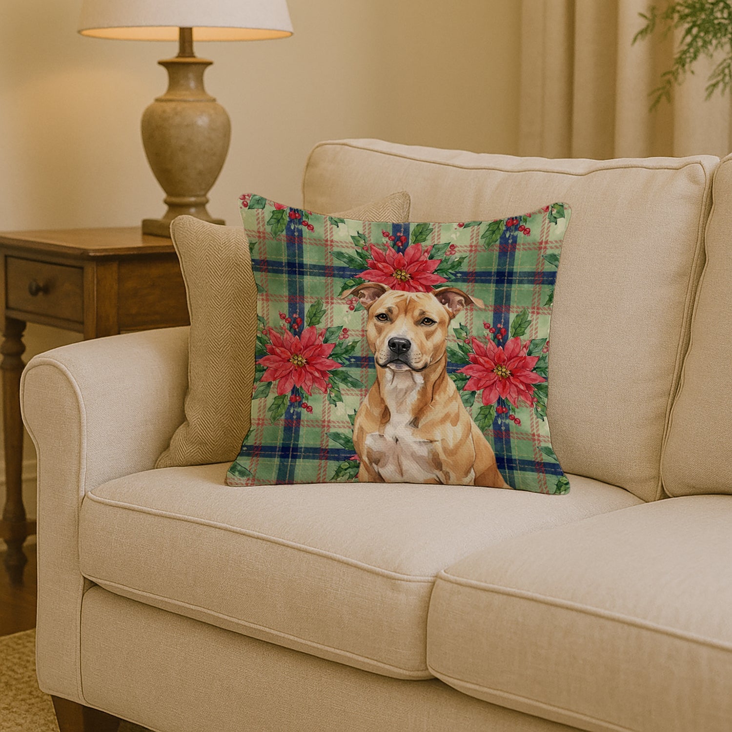 Fawn American Staffordshire Terrier Christmas PoinsettIas Decorative Throw Pillow 14x14 Indoor Outdoor Accent Cushion, Fabric Cover with Insert for Sofa, Bed, Porch & Living Room