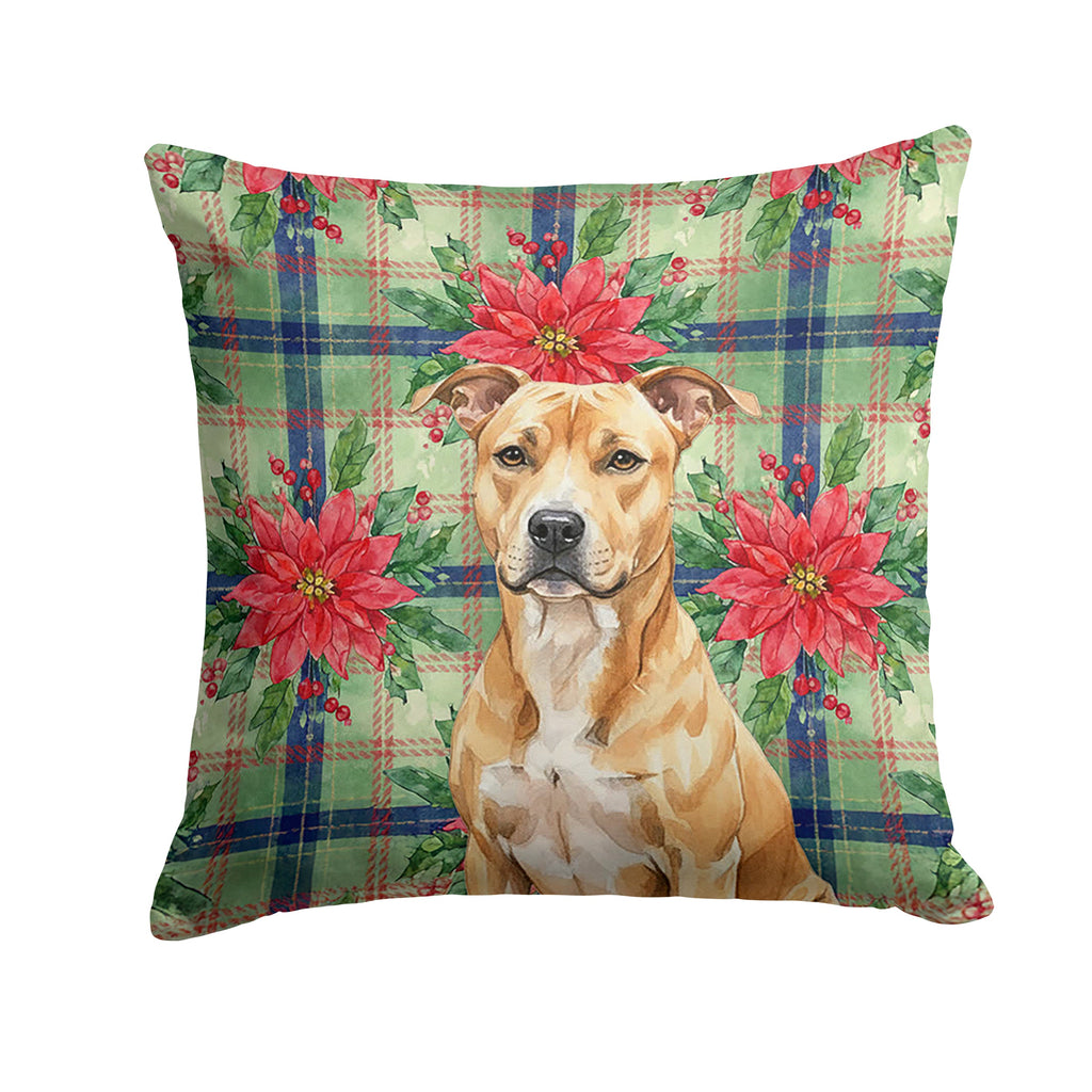 Fawn American Staffordshire Terrier Christmas PoinsettIas Decorative Throw Pillow 18x18 Indoor Outdoor Accent Cushion, Fabric Cover with Insert for Sofa, Bed, Porch & Living Room