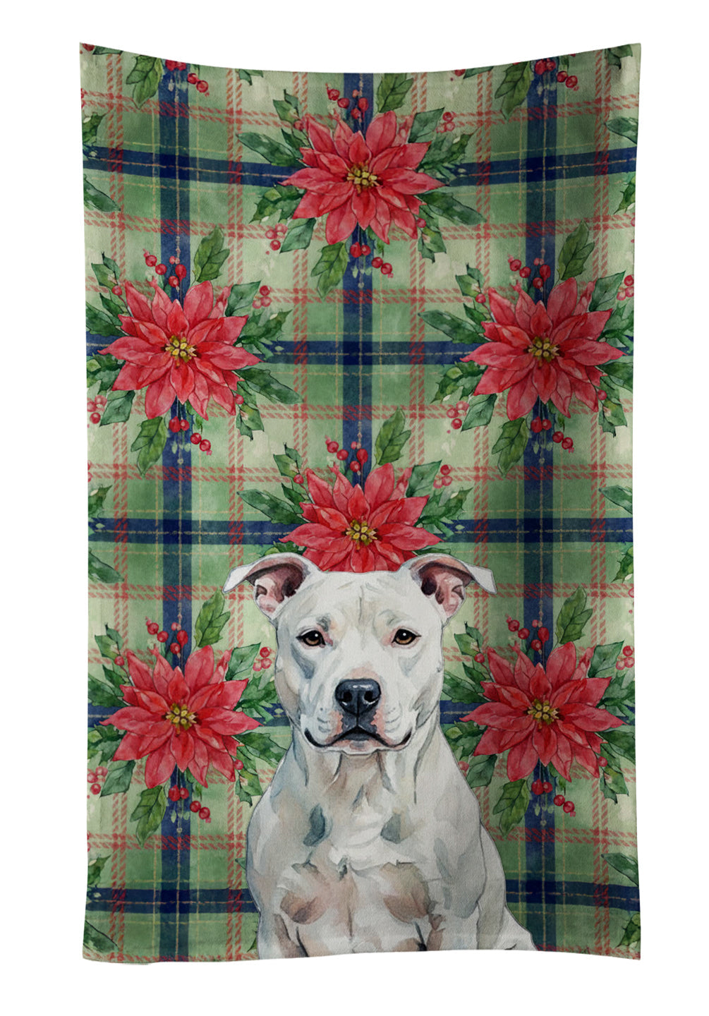 White American Staffordshire Terrier Christmas PoinsettIas Kitchen Towel Velour Plush Front and Cotton Loop Back Machine Washable