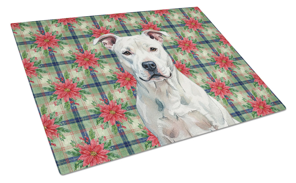 White American Staffordshire Terrier Christmas PoinsettIas Cutting Board Tempered Glass Kitchen Cutting Surface, Heat Resistant Chopping, Non-Slip Feet, Food Prep & Serving