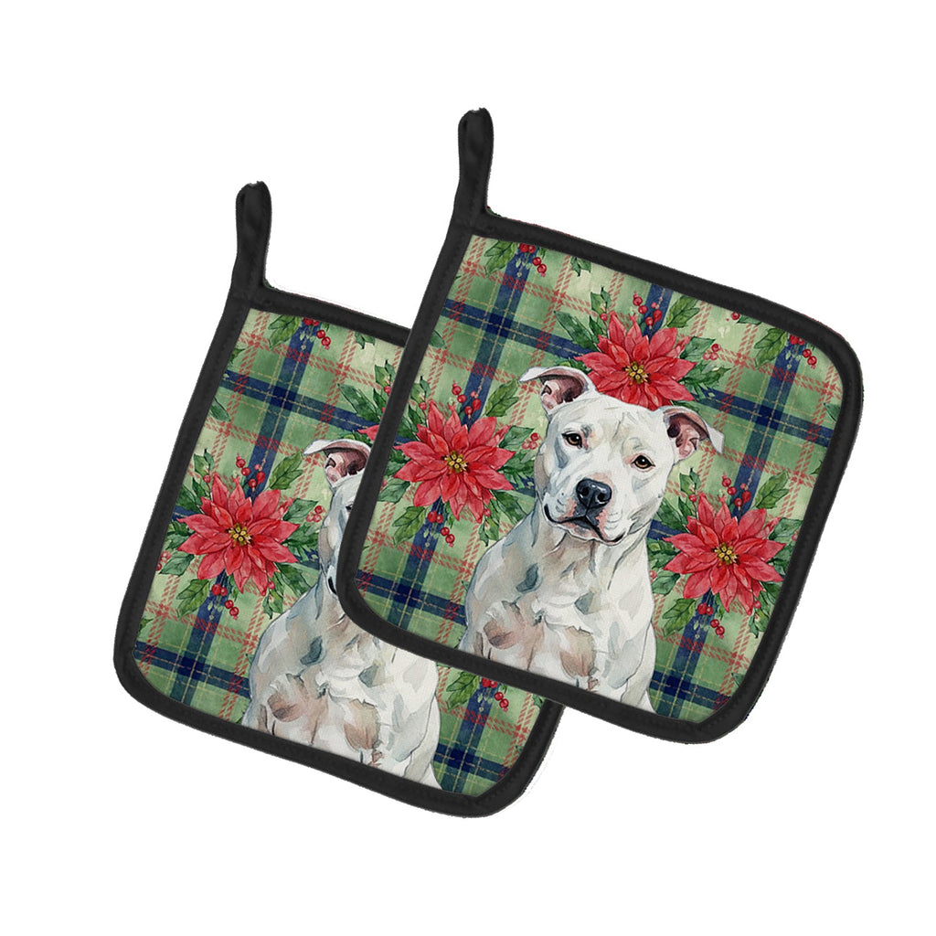 White American Staffordshire Terrier Christmas PoinsettIas Pot Holder Set of 2 Heat Resistant Quilted Hot Pads 7.5 x 7.5 Inch, Insulated Kitchen Trivets for Cooking & Baking