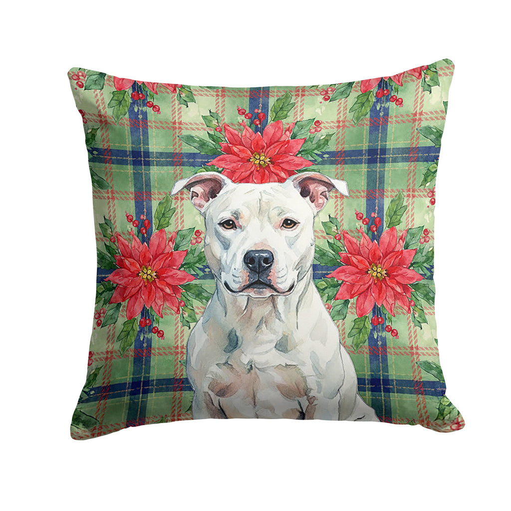 White American Staffordshire Terrier Christmas PoinsettIas Decorative Throw Pillow 14x14 Indoor Outdoor Accent Cushion, Fabric Cover with Insert for Sofa, Bed, Porch & Living Room
