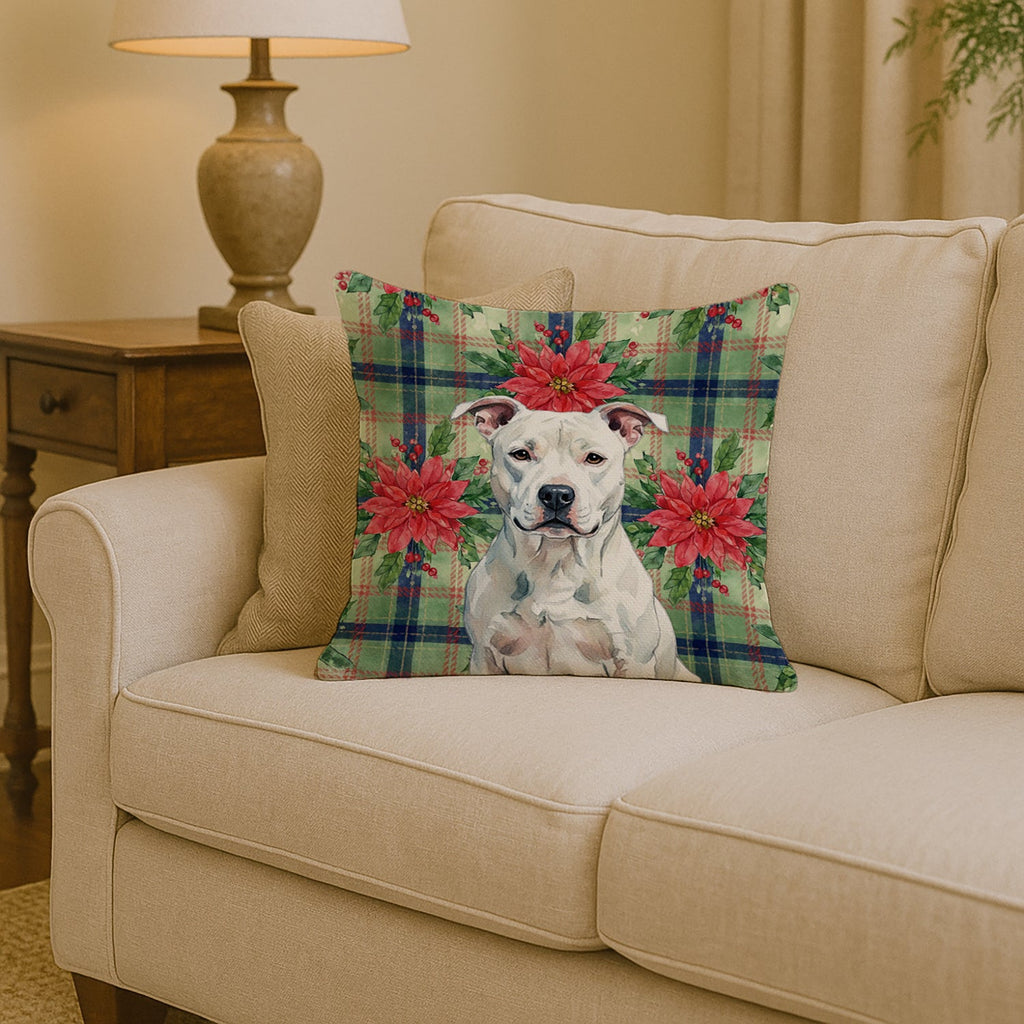 White American Staffordshire Terrier Christmas PoinsettIas Decorative Throw Pillow 14x14 Indoor Outdoor Accent Cushion, Fabric Cover with Insert for Sofa, Bed, Porch & Living Room