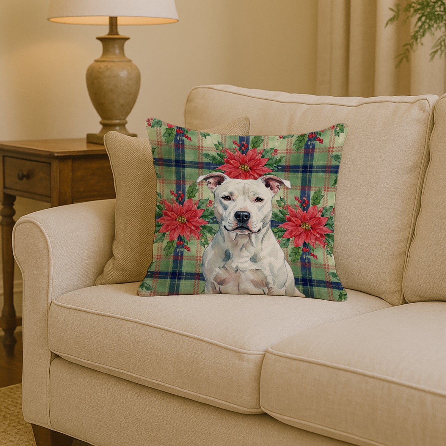 White American Staffordshire Terrier Christmas PoinsettIas Decorative Throw Pillow 14x14 Indoor Outdoor Accent Cushion, Fabric Cover with Insert for Sofa, Bed, Porch & Living Room