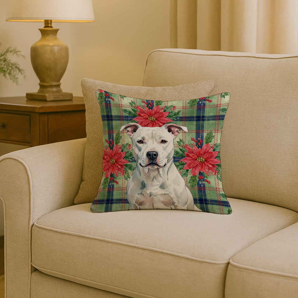 White American Staffordshire Terrier Christmas PoinsettIas Decorative Throw Pillow 18x18 Indoor Outdoor Accent Cushion, Fabric Cover with Insert for Sofa, Bed, Porch & Living Room