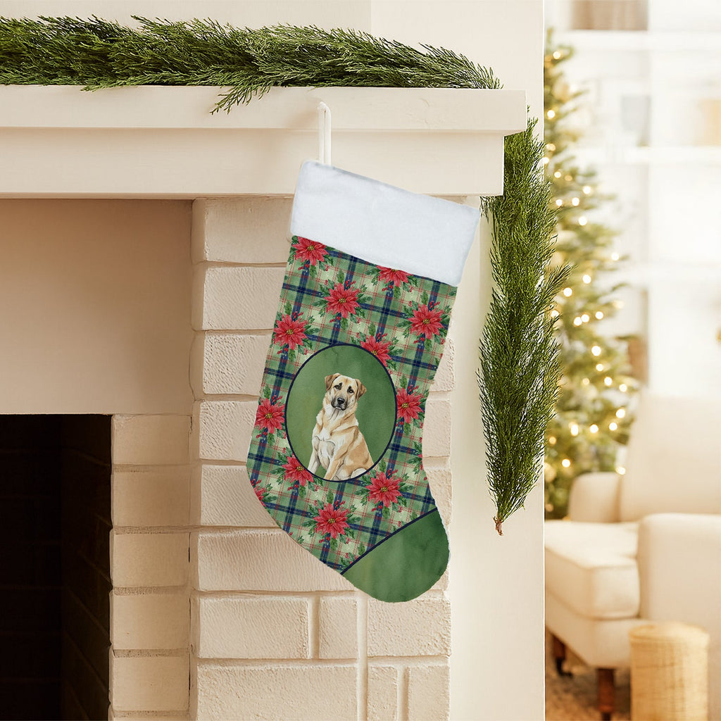 Anatolian Shepherd Dog Christmas PoinsettIas Holiday Stocking Double-Sided Print, Polyester Suede,11x18, Made in USA