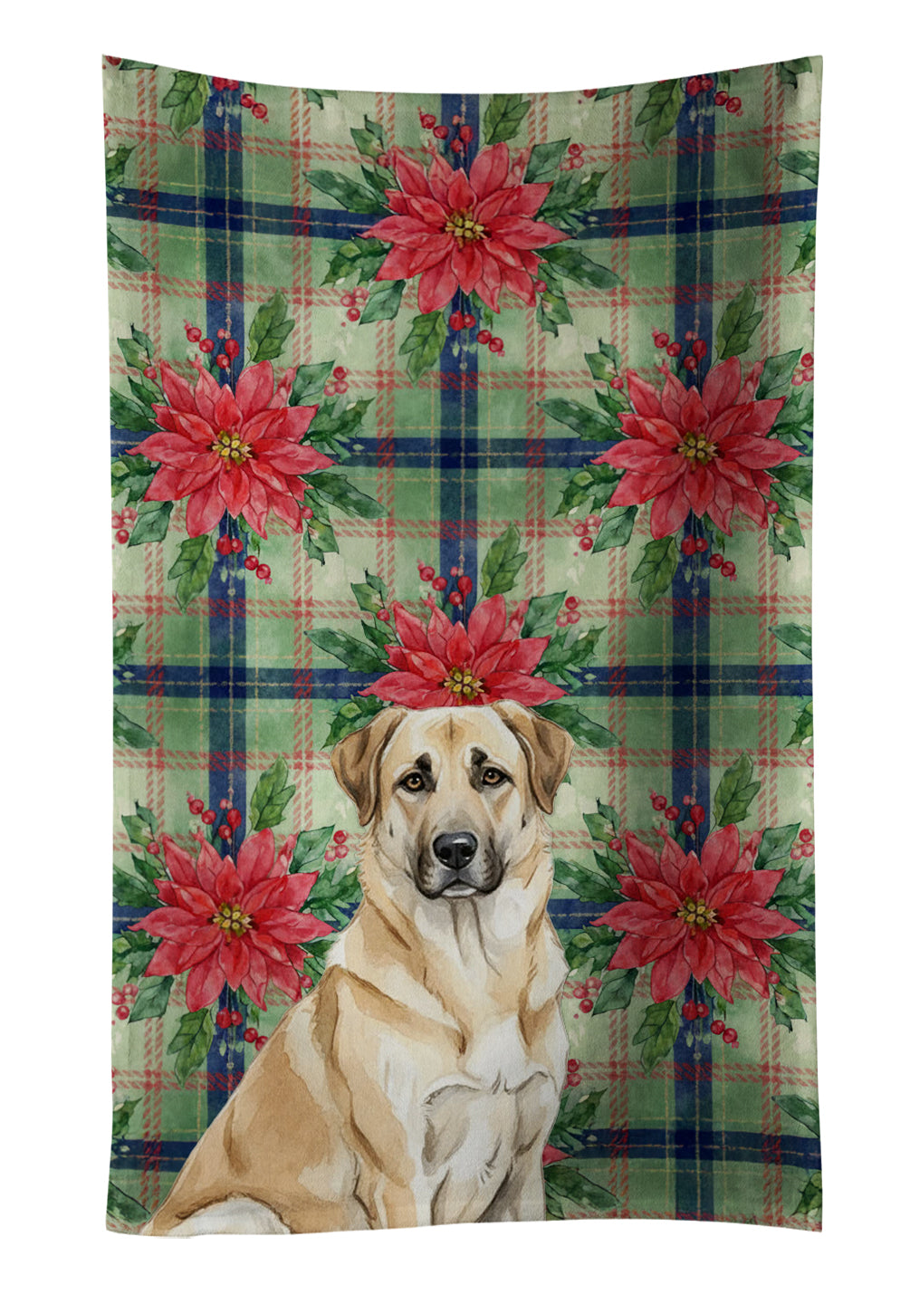 Anatolian Shepherd Dog Christmas PoinsettIas Kitchen Towel Velour Plush Front and Cotton Loop Back Machine Washable