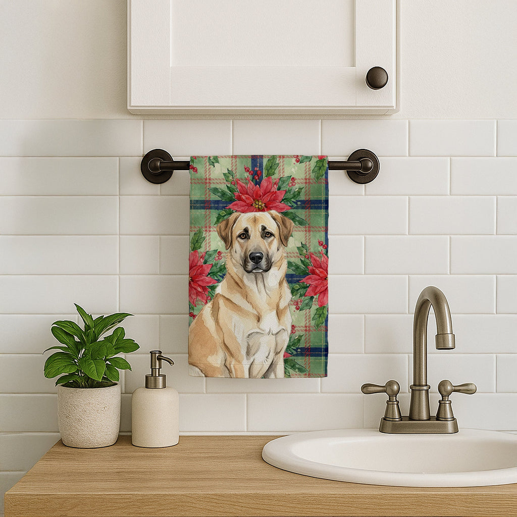 Anatolian Shepherd Dog Christmas PoinsettIas Kitchen Towel Velour Plush Front and Cotton Loop Back Machine Washable