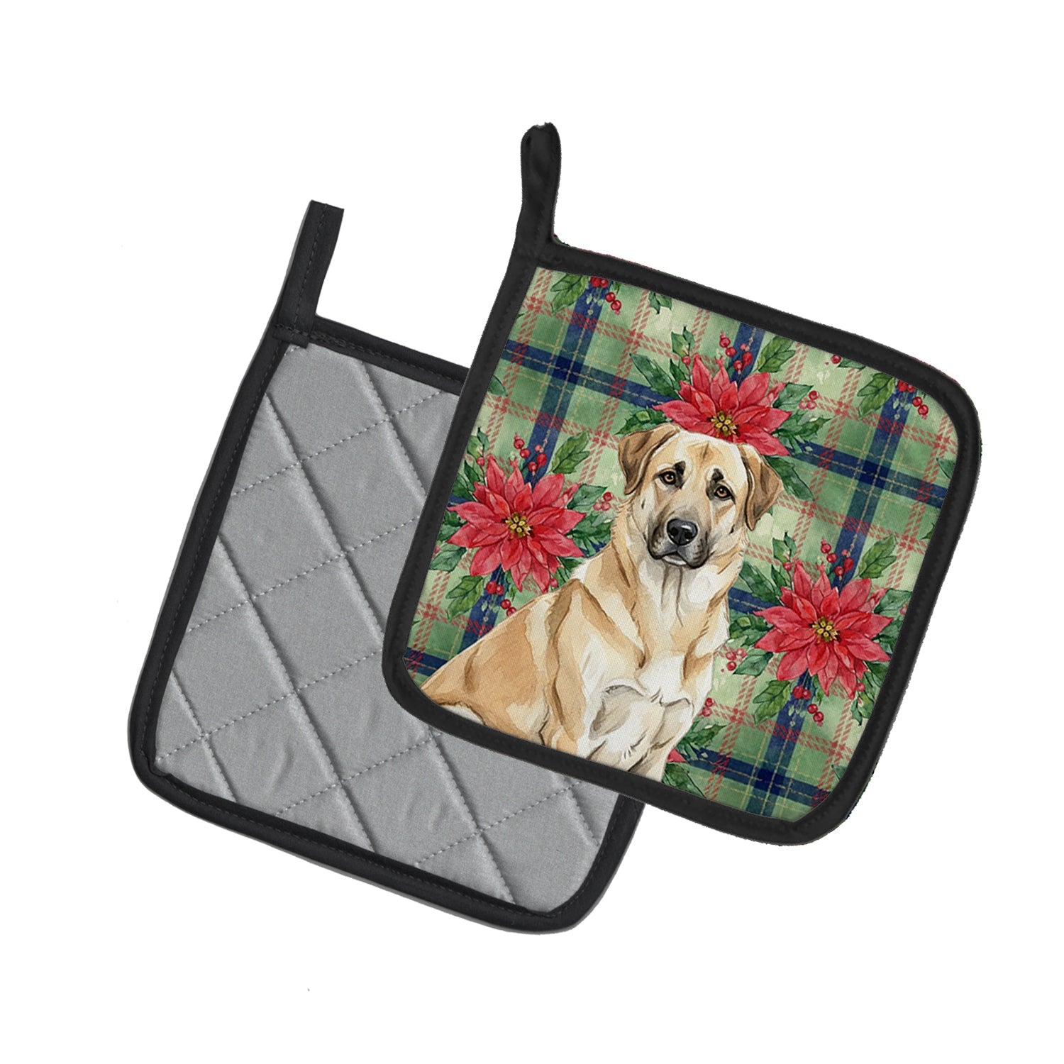 Anatolian Shepherd Dog Christmas PoinsettIas Pot Holder Set of 2 Heat Resistant Quilted Hot Pads 7.5 x 7.5 Inch, Insulated Kitchen Trivets for Cooking & Baking