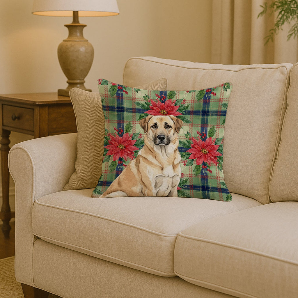 Anatolian Shepherd Dog Christmas PoinsettIas Decorative Throw Pillow 14x14 Indoor Outdoor Accent Cushion, Fabric Cover with Insert for Sofa, Bed, Porch & Living Room