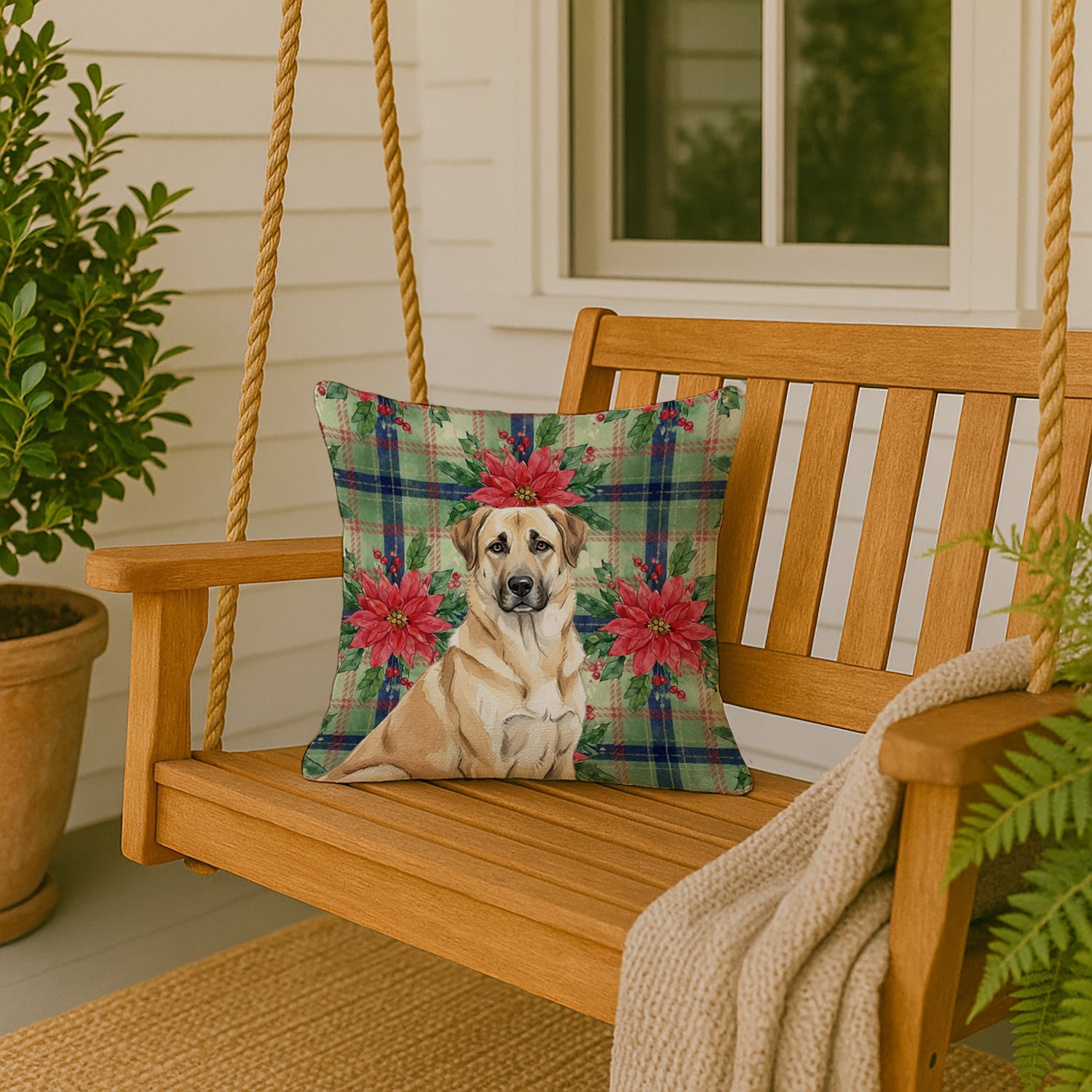 Anatolian Shepherd Dog Christmas PoinsettIas Decorative Throw Pillow 18x18 Indoor Outdoor Accent Cushion, Fabric Cover with Insert for Sofa, Bed, Porch & Living Room