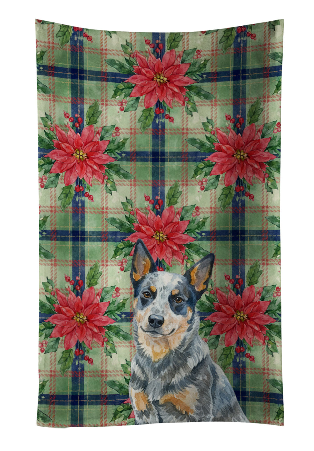 Blue Heeler Australian Cattle Dog Christmas PoinsettIas Kitchen Towel Velour Plush Front and Cotton Loop Back Machine Washable