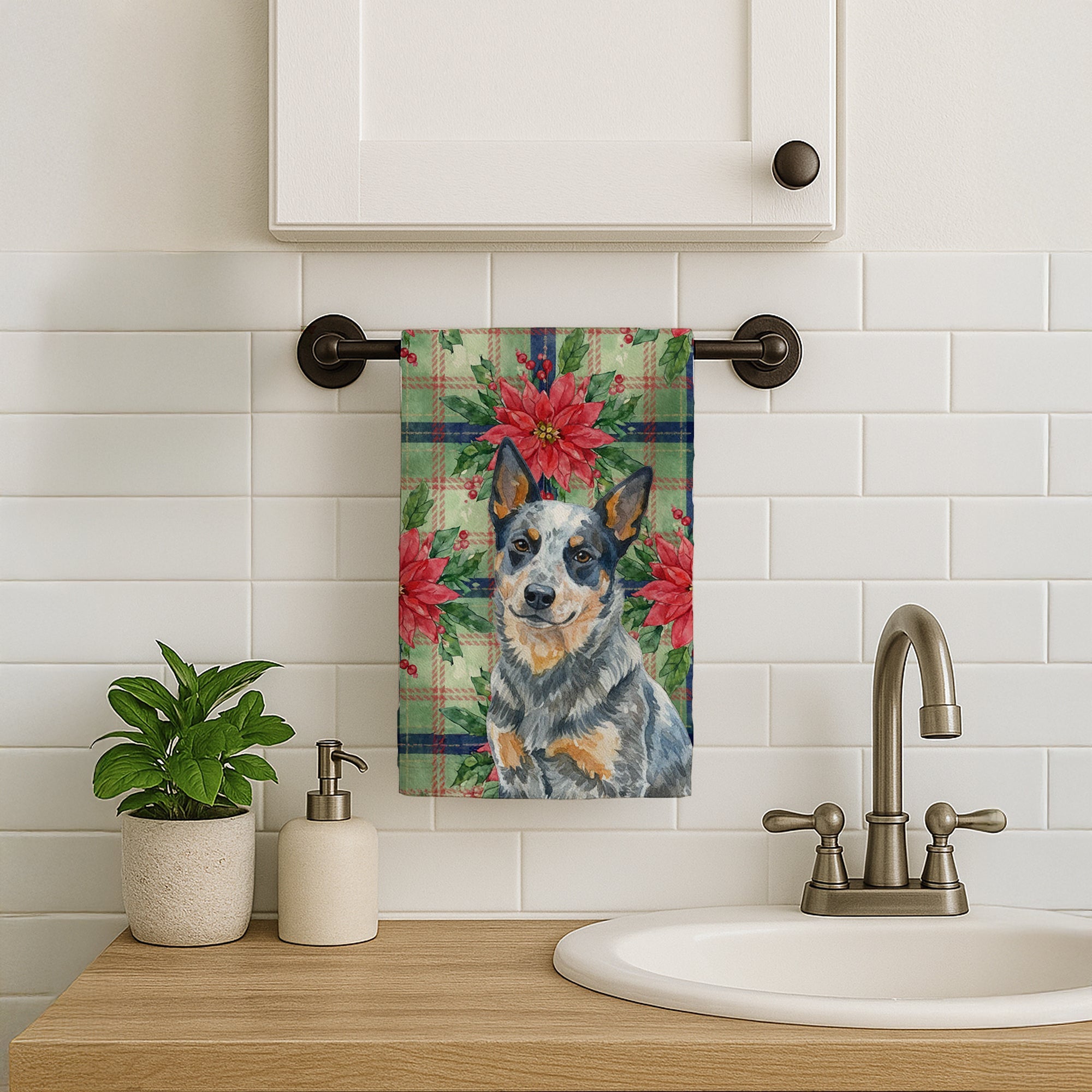 Blue Heeler Australian Cattle Dog Christmas PoinsettIas Kitchen Towel Velour Plush Front and Cotton Loop Back Machine Washable
