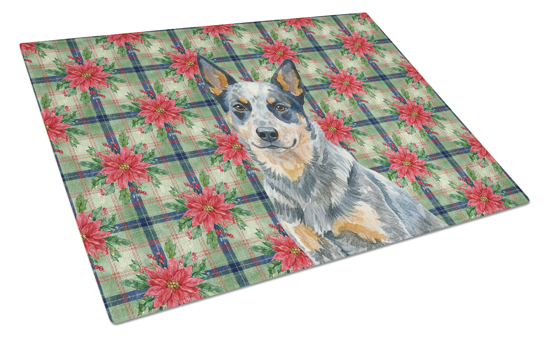 Blue Heeler Australian Cattle Dog Christmas PoinsettIas Cutting Board Tempered Glass Kitchen Cutting Surface, Heat Resistant Chopping, Non-Slip Feet, Food Prep & Serving