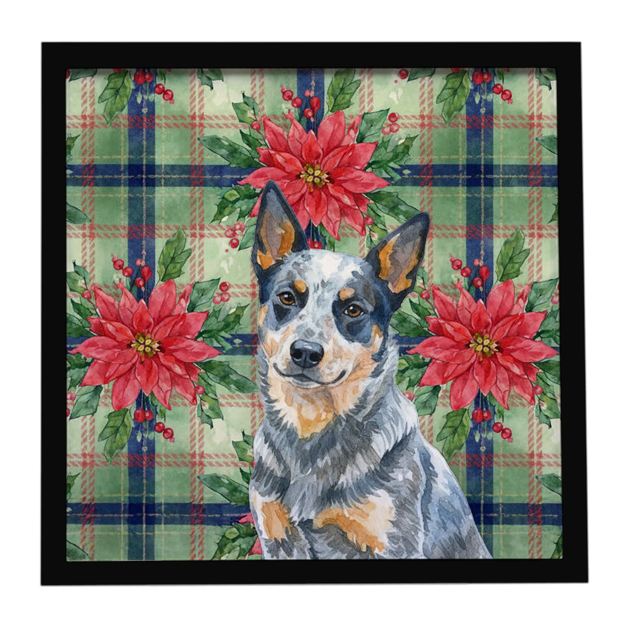 Blue Heeler Australian Cattle Dog Christmas PoinsettIas Framed Metal Print Bathroom, Kitchen, Office, Home Decor Wall Art Ready to Hang, Square, 8X8