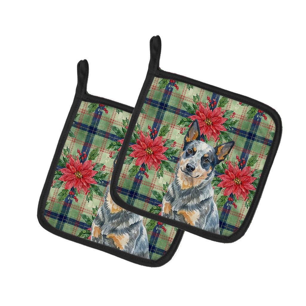 Blue Heeler Australian Cattle Dog Christmas PoinsettIas Pot Holder Set of 2 Heat Resistant Quilted Hot Pads 7.5 x 7.5 Inch, Insulated Kitchen Trivets for Cooking & Baking