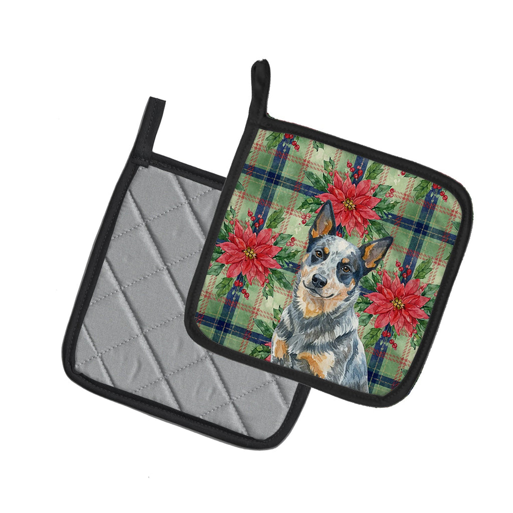 Blue Heeler Australian Cattle Dog Christmas PoinsettIas Pot Holder Set of 2 Heat Resistant Quilted Hot Pads 7.5 x 7.5 Inch, Insulated Kitchen Trivets for Cooking & Baking