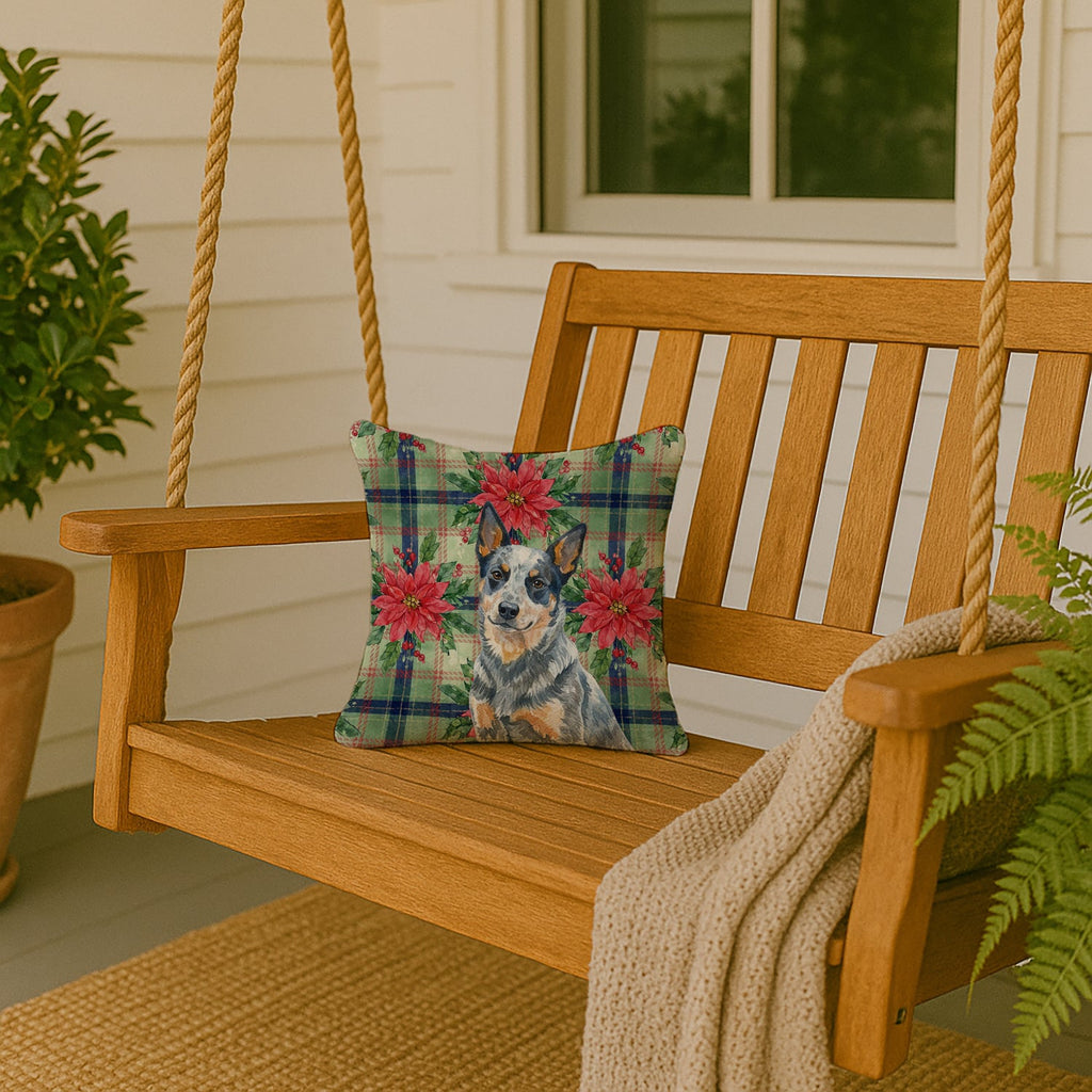 Blue Heeler Australian Cattle Dog Christmas PoinsettIas Decorative Throw Pillow 14x14 Indoor Outdoor Accent Cushion, Fabric Cover with Insert for Sofa, Bed, Porch & Living Room