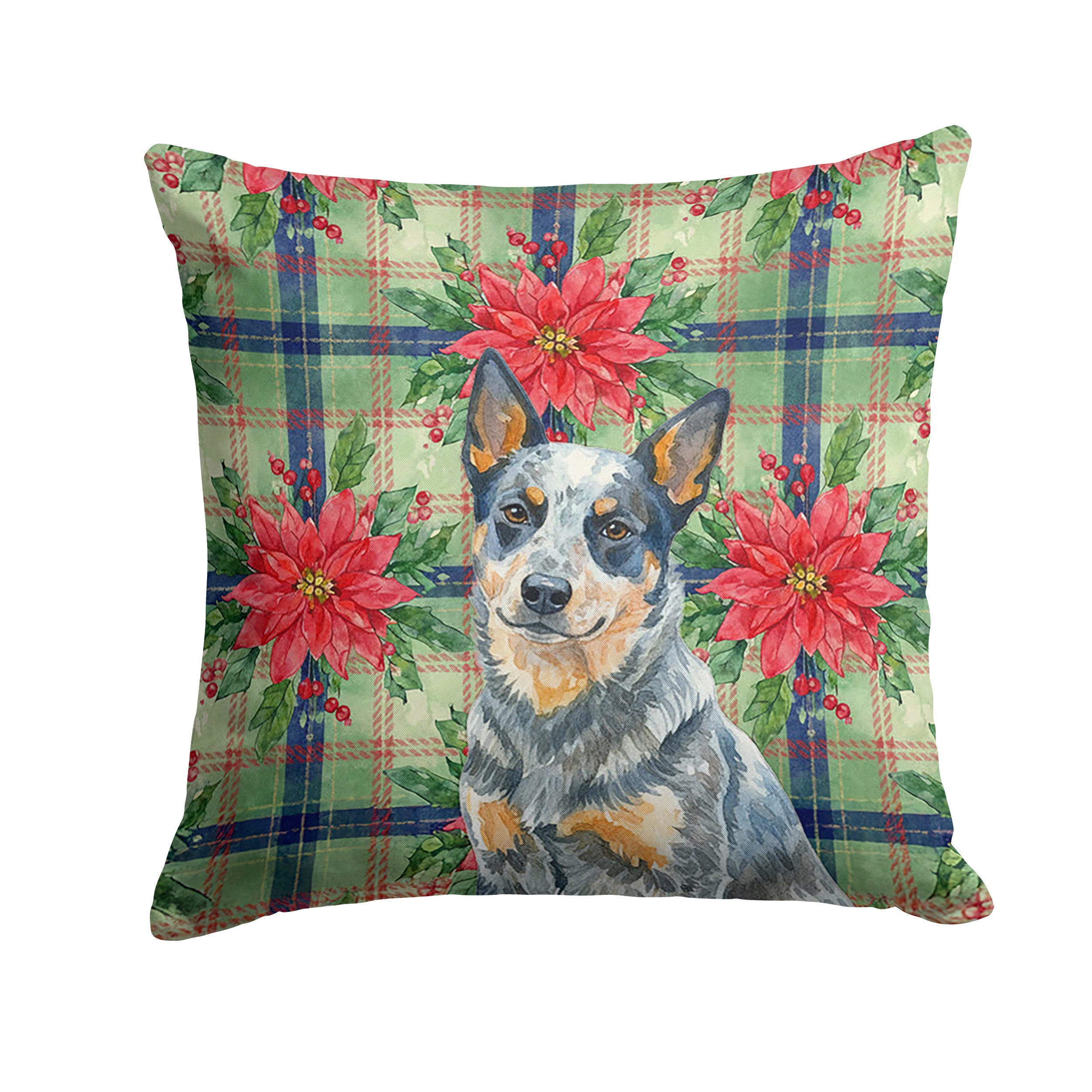 Blue Heeler Australian Cattle Dog Christmas PoinsettIas Decorative Throw Pillow 18x18 Indoor Outdoor Accent Cushion, Fabric Cover with Insert for Sofa, Bed, Porch & Living Room