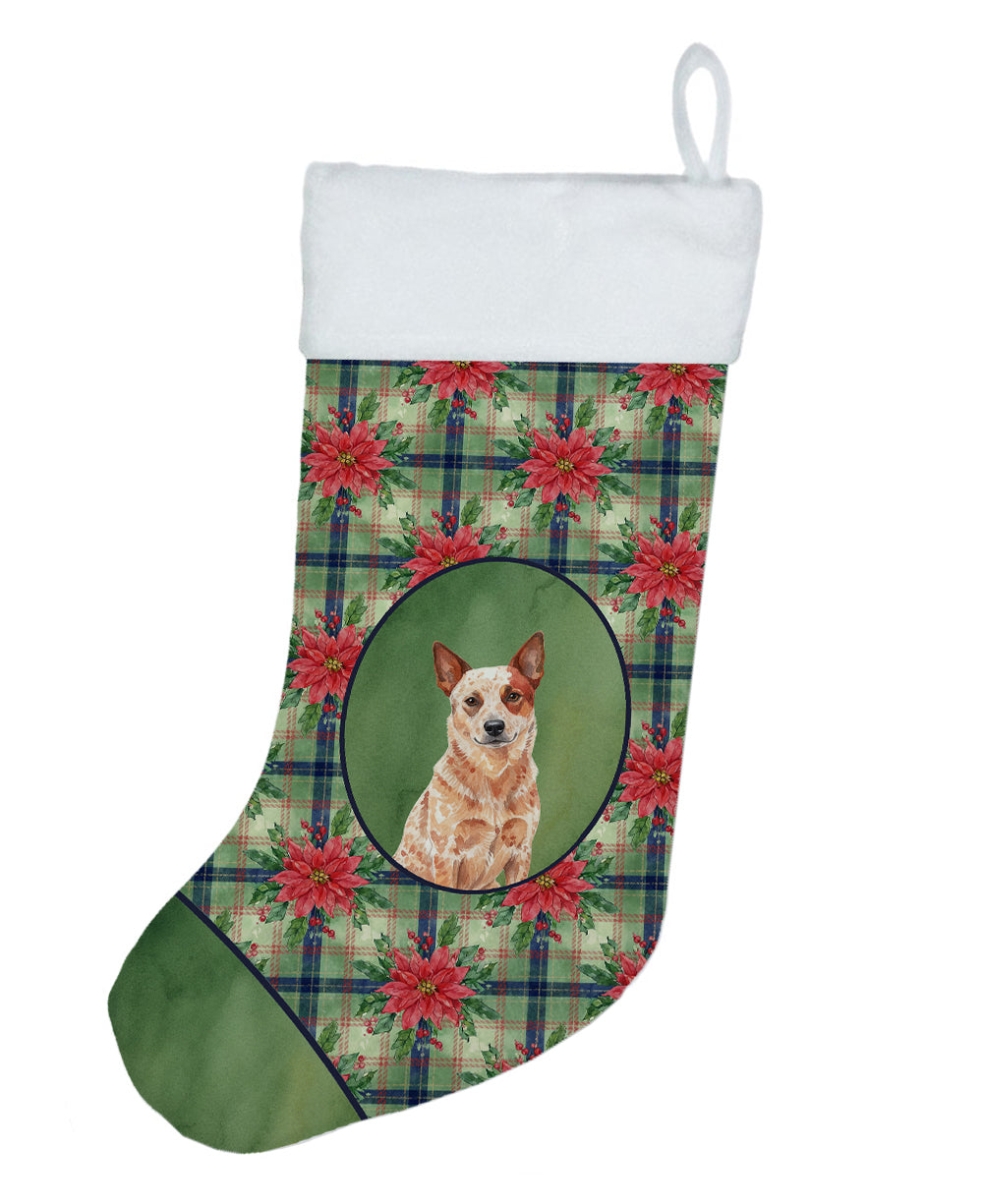 Red Heeler Australian Cattle Dog Christmas PoinsettIas Holiday Stocking Double-Sided Print, Polyester Suede,11x18, Made in USA
