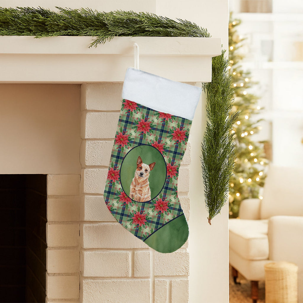 Red Heeler Australian Cattle Dog Christmas PoinsettIas Holiday Stocking Double-Sided Print, Polyester Suede,11x18, Made in USA