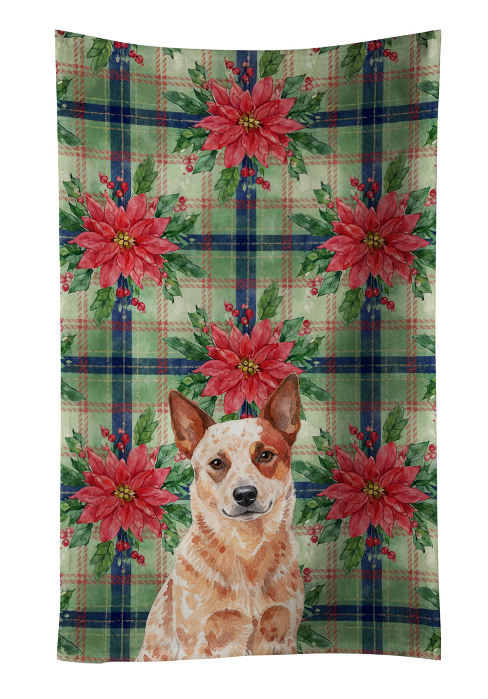 Red Heeler Australian Cattle Dog Christmas PoinsettIas Kitchen Towel Velour Plush Front and Cotton Loop Back Machine Washable