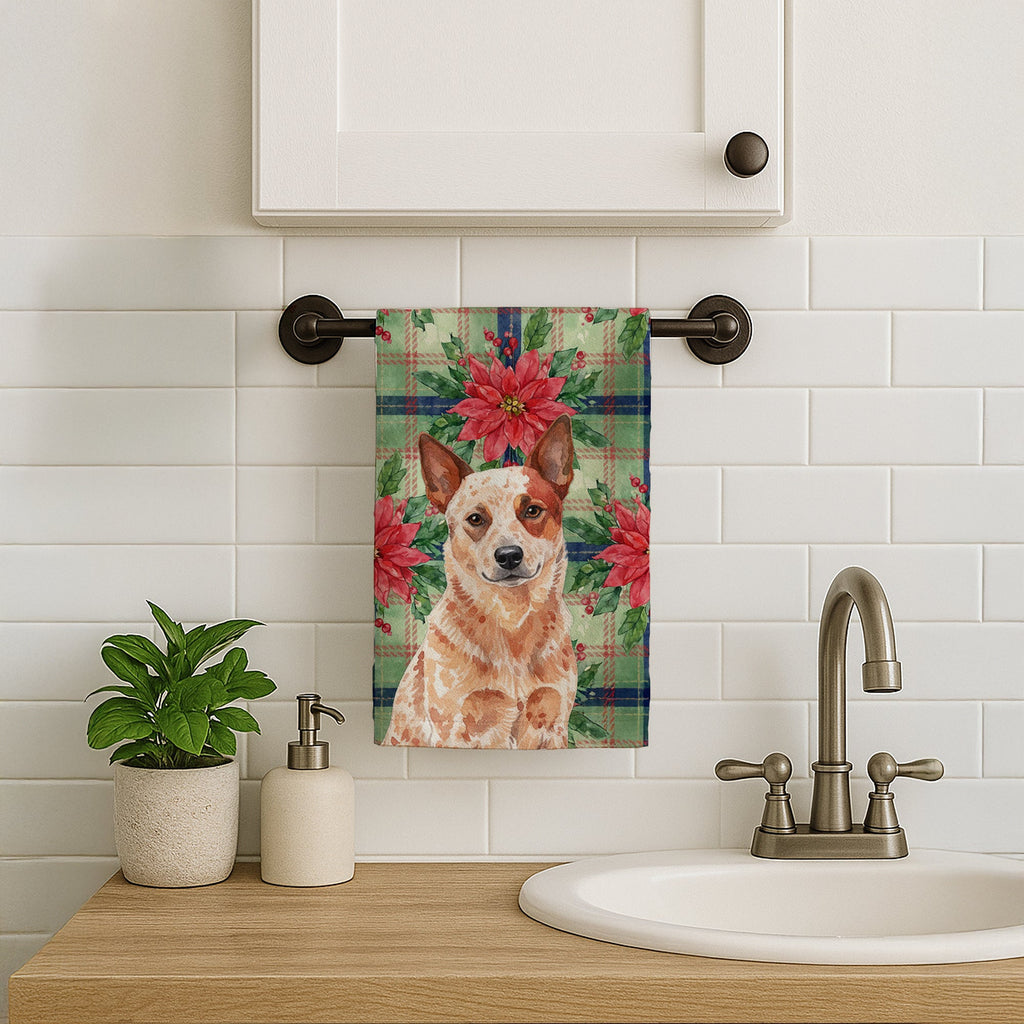 Red Heeler Australian Cattle Dog Christmas PoinsettIas Kitchen Towel Velour Plush Front and Cotton Loop Back Machine Washable