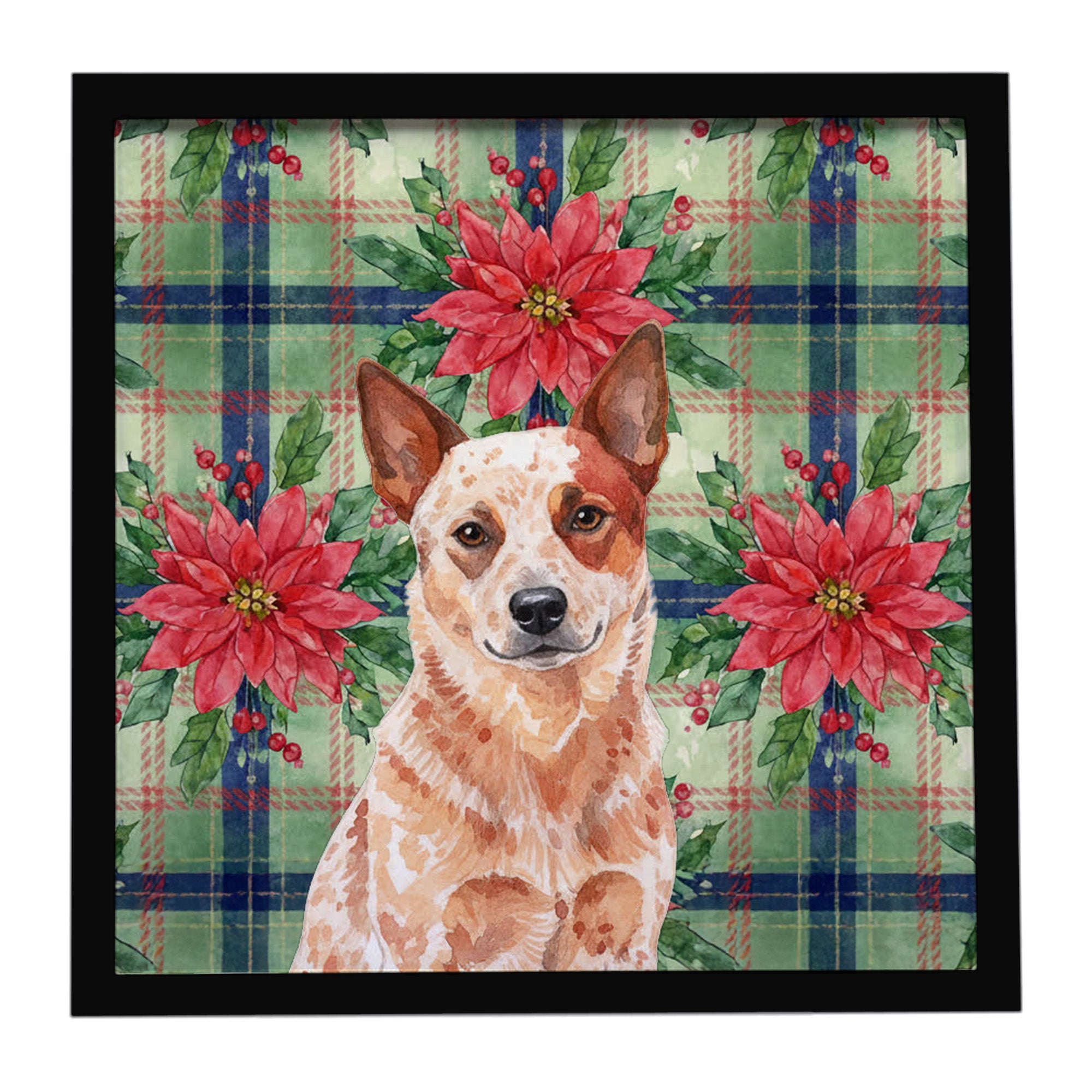 Red Heeler Australian Cattle Dog Christmas PoinsettIas Framed Metal Print Bathroom, Kitchen, Office, Home Decor Wall Art Ready to Hang, Square, 8X8