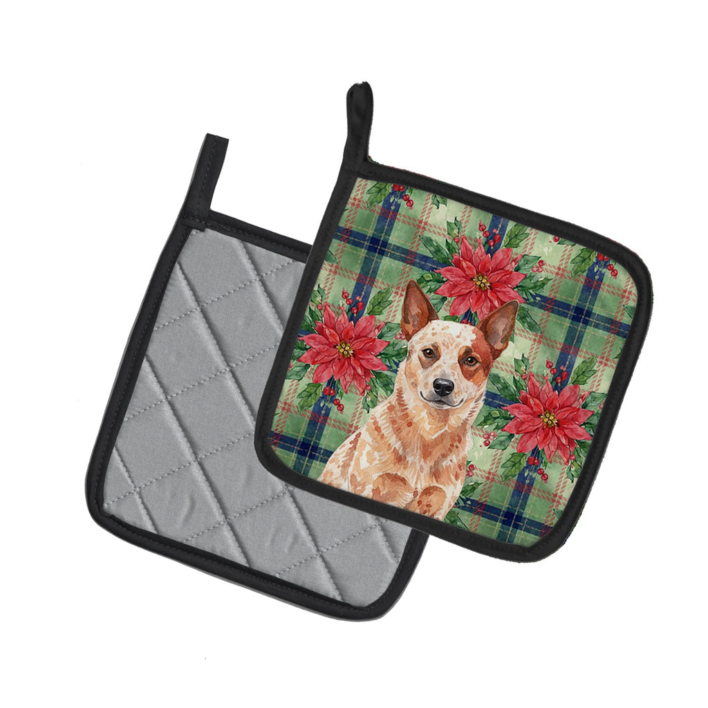 Red Heeler Australian Cattle Dog Christmas PoinsettIas Pot Holder Set of 2 Heat Resistant Quilted Hot Pads 7.5 x 7.5 Inch, Insulated Kitchen Trivets for Cooking & Baking