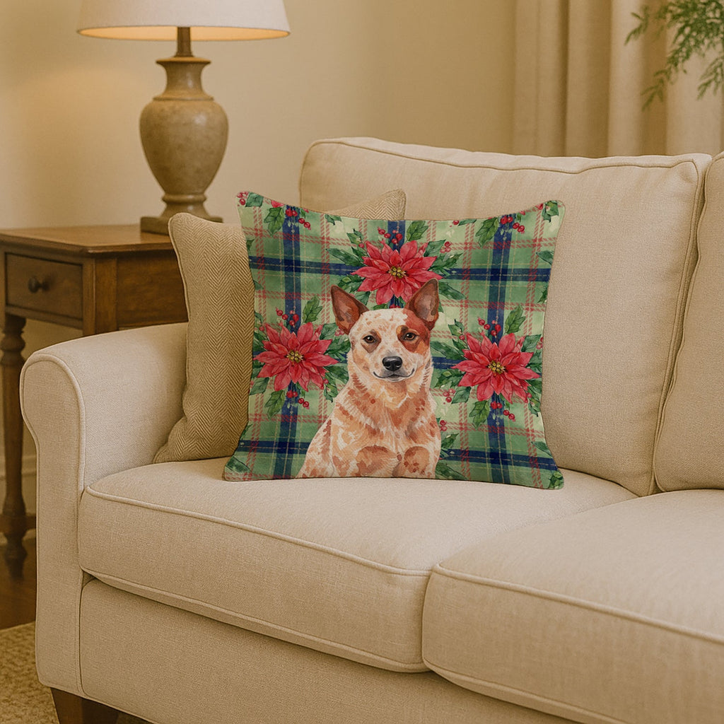 Red Heeler Australian Cattle Dog Christmas PoinsettIas Decorative Throw Pillow 14x14 Indoor Outdoor Accent Cushion, Fabric Cover with Insert for Sofa, Bed, Porch & Living Room