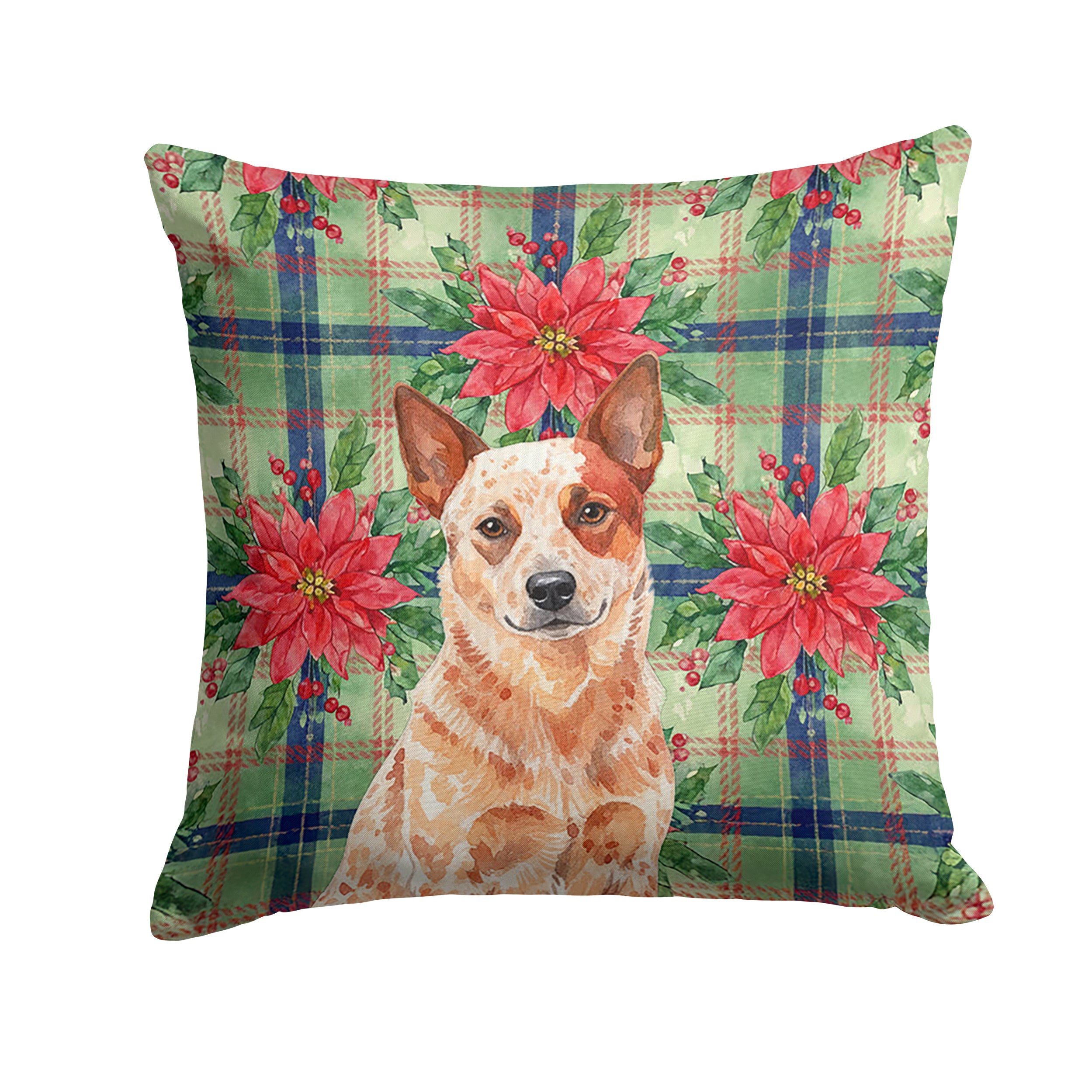 Red Heeler Australian Cattle Dog Christmas PoinsettIas Decorative Throw Pillow 18x18 Indoor Outdoor Accent Cushion, Fabric Cover with Insert for Sofa, Bed, Porch & Living Room