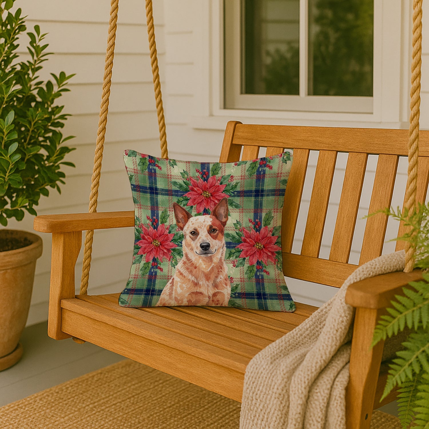 Red Heeler Australian Cattle Dog Christmas PoinsettIas Decorative Throw Pillow 18x18 Indoor Outdoor Accent Cushion, Fabric Cover with Insert for Sofa, Bed, Porch & Living Room